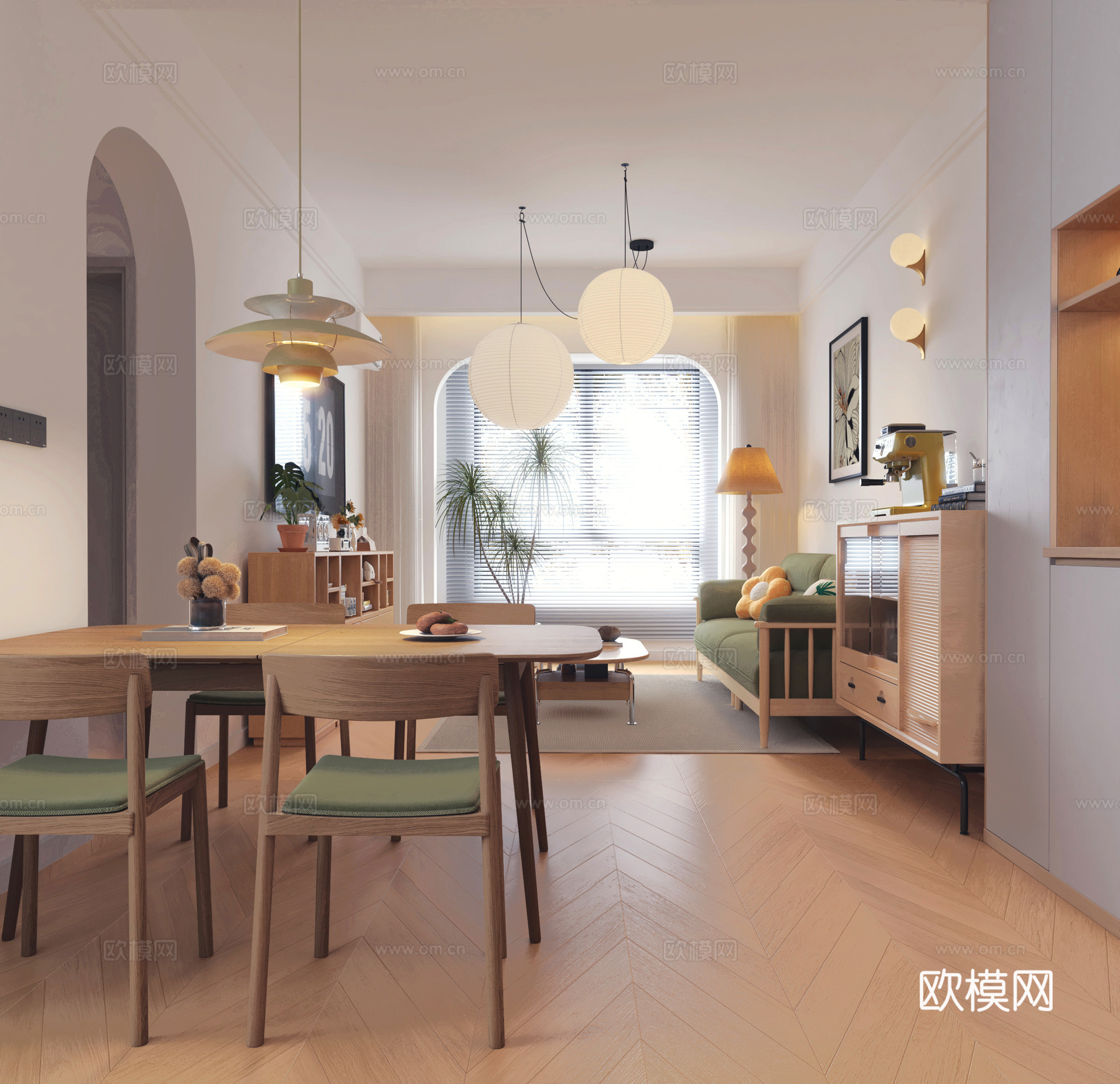 原木风客餐厅 餐桌椅 侘寂风吊灯 鱼骨拼木地板3d模型
