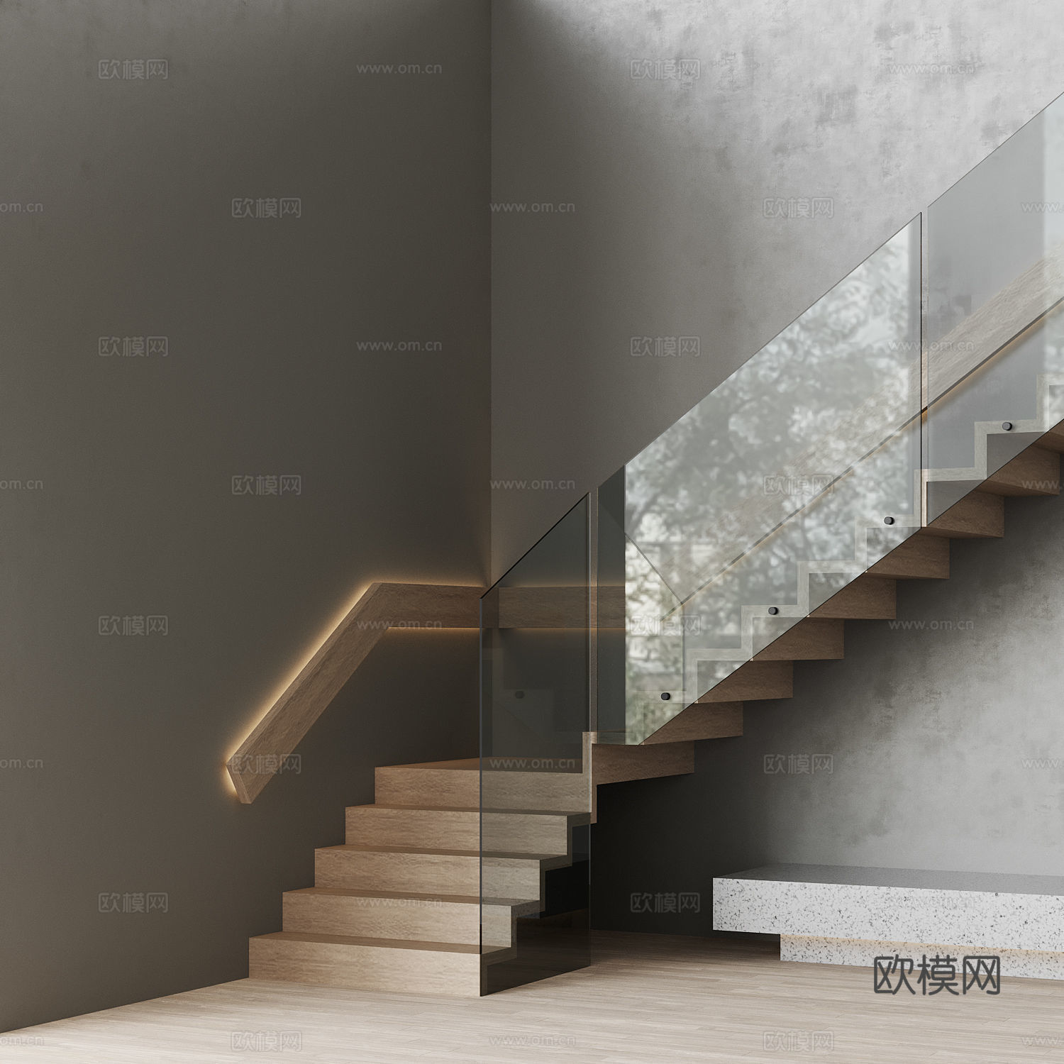 现代极简玻璃扶手楼梯3d模型