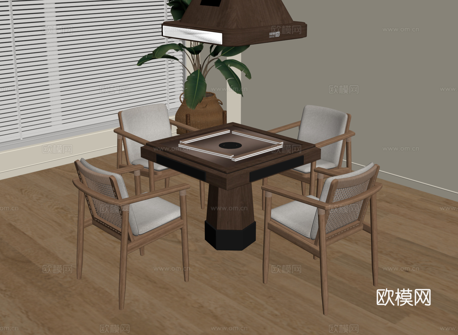 麻将桌 中古风麻将桌 棋牌桌椅 绿植盆栽su模型