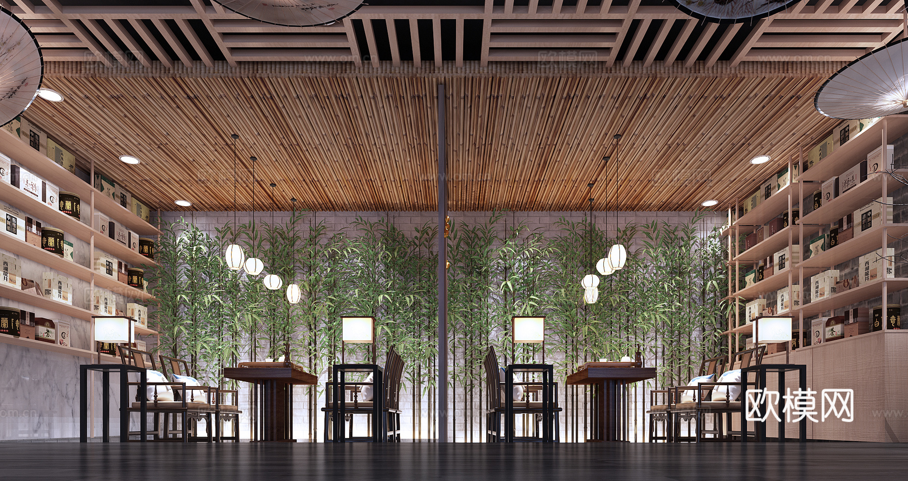 新中式餐厅  餐厅  竹子3d模型
