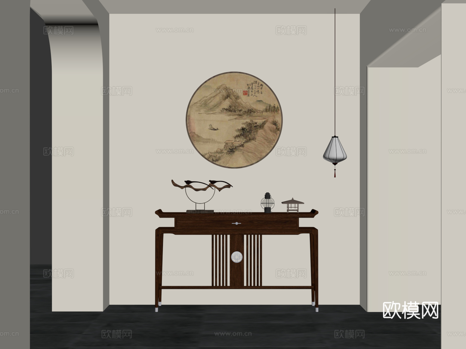玄关 新中式玄关 端景柜 挂画 吊灯su模型