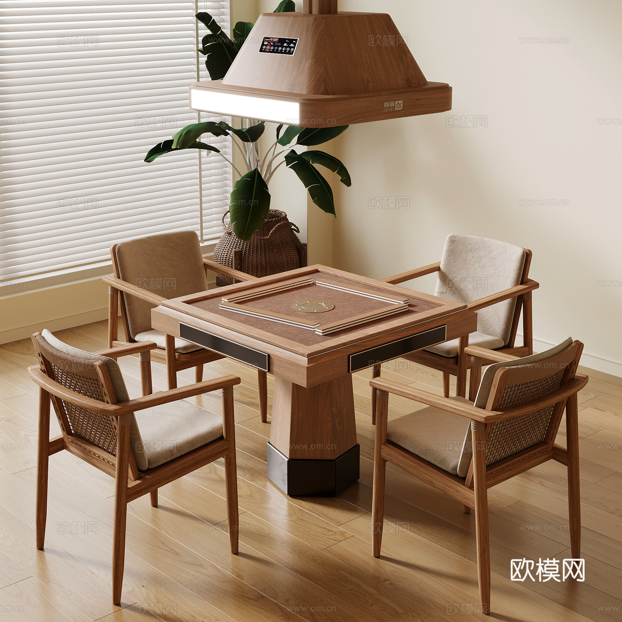 麻将桌 中古风麻将桌 棋牌桌椅 绿植盆栽3d模型