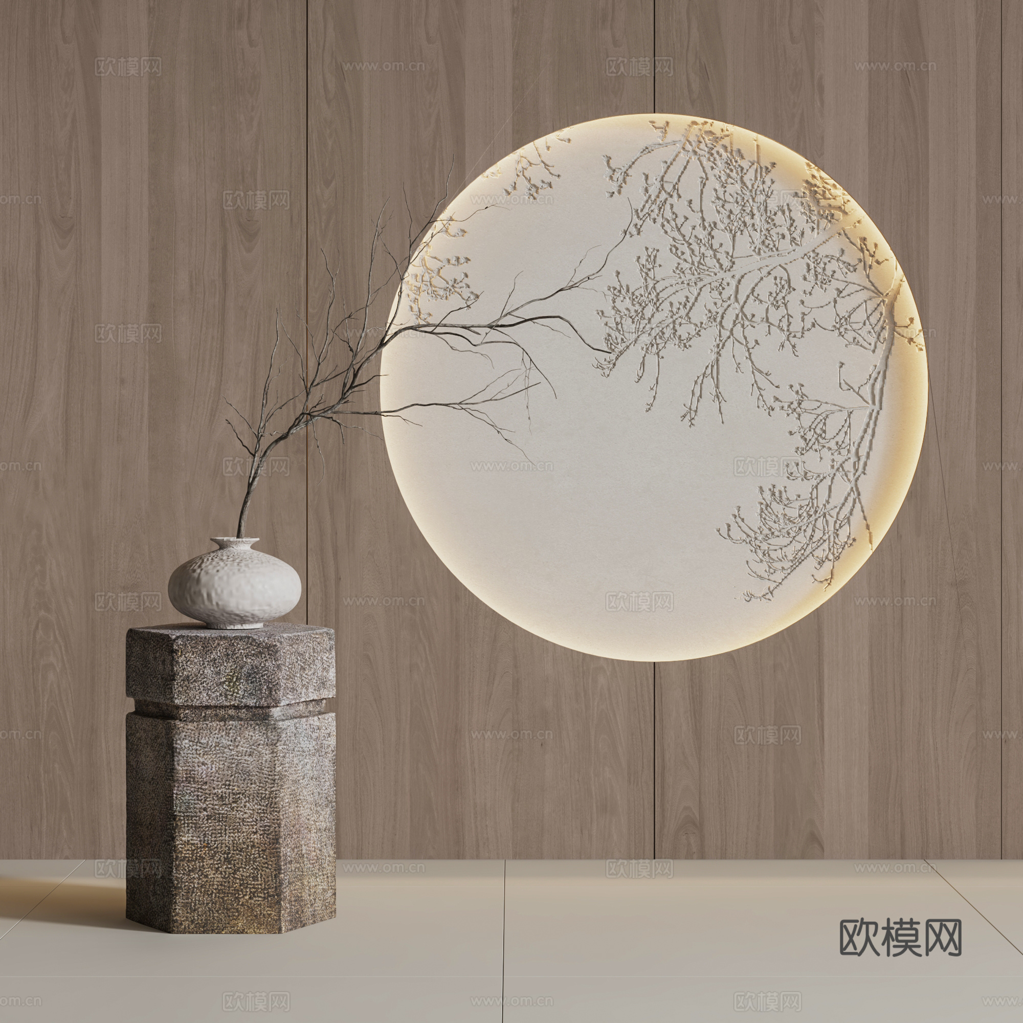 新中式石台 石墩 禅意花瓶摆件 浮雕背景墙3d模型