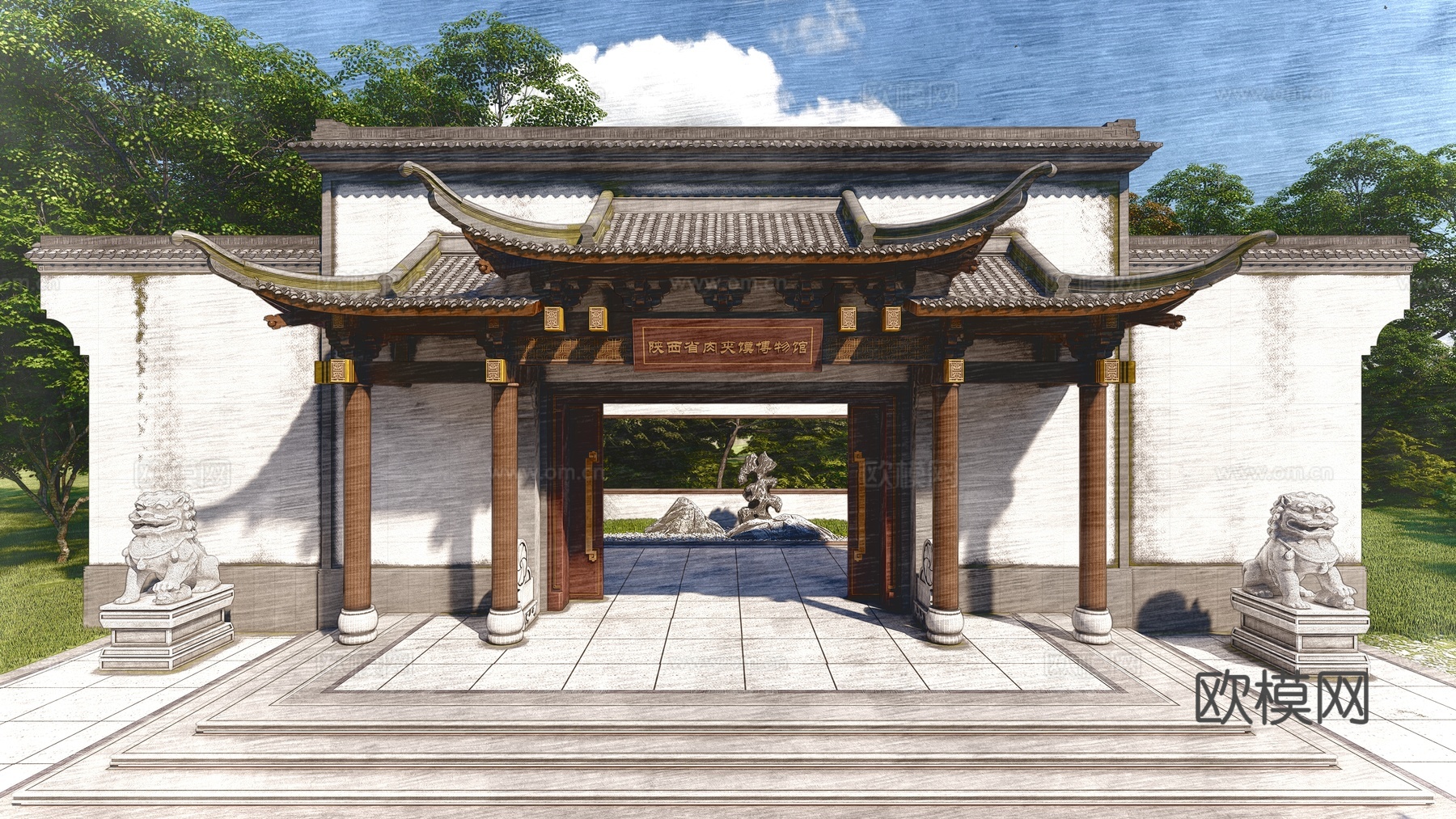 中式古建筑大门 入户门 博物馆门头 大门 马头墙中式飞檐翘脚su模型