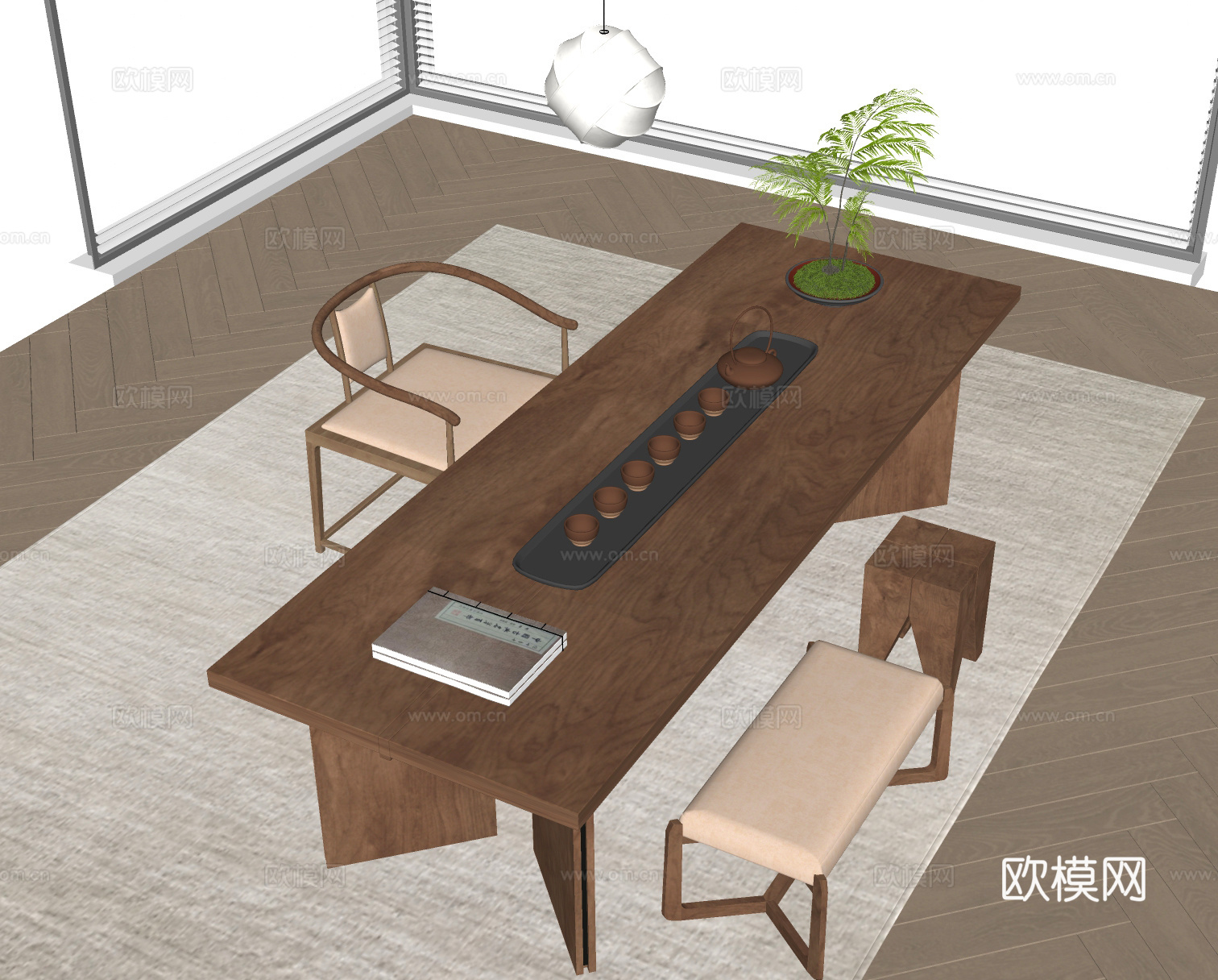 新中式茶桌椅 茶具 木地板 窗帘 纱帘su模型下载（渲染图2）