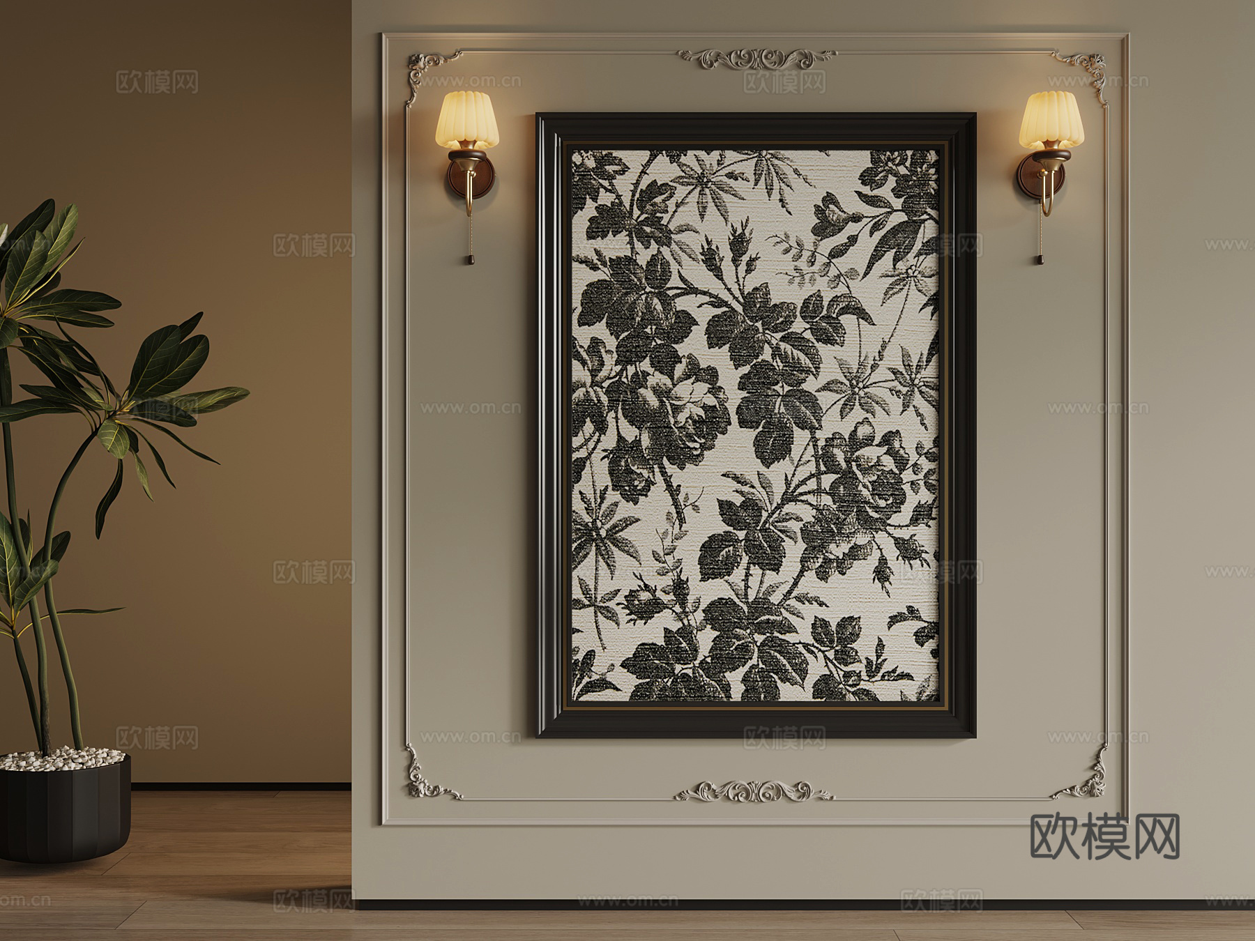 挂画 法式复古风装饰画 壁灯3d模型