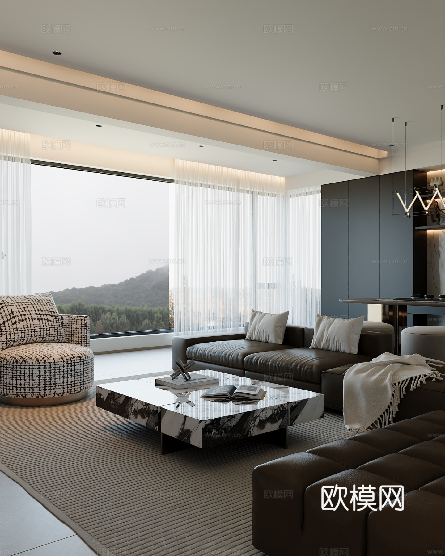 无主灯现代意式客厅现代沙发茶几组合高级3d模型