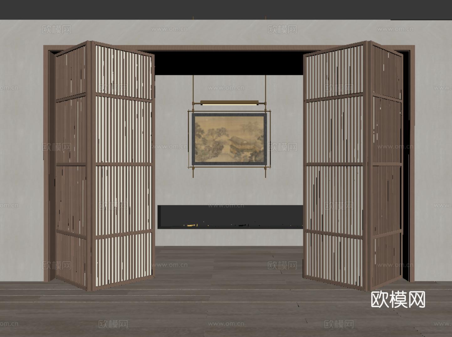 新中式折叠门 多联折叠门 木质su模型
