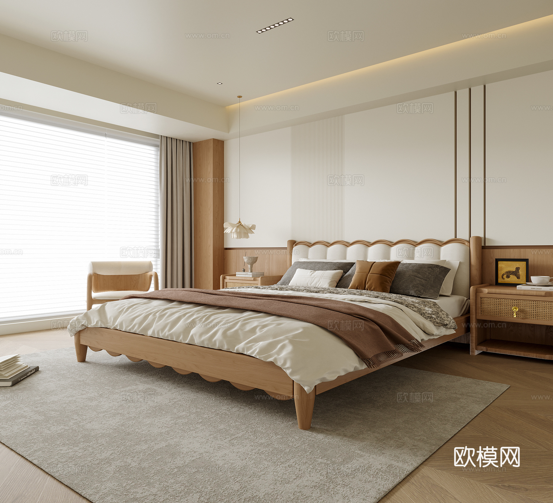 现代卧室 双人床 床尾凳 床头柜su模型