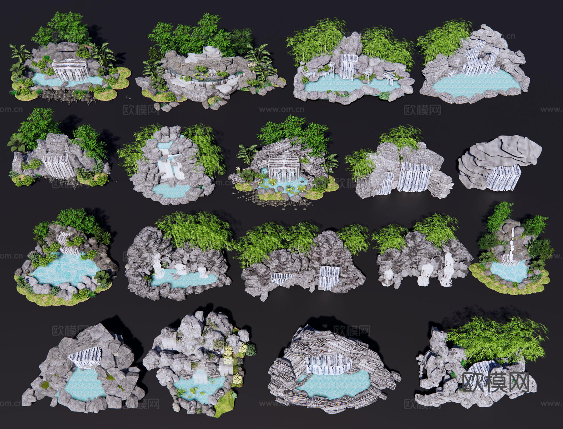 中式假山流水 假山叠水 假山石头 特色跌水水景 庭院叠水瀑布3d模型