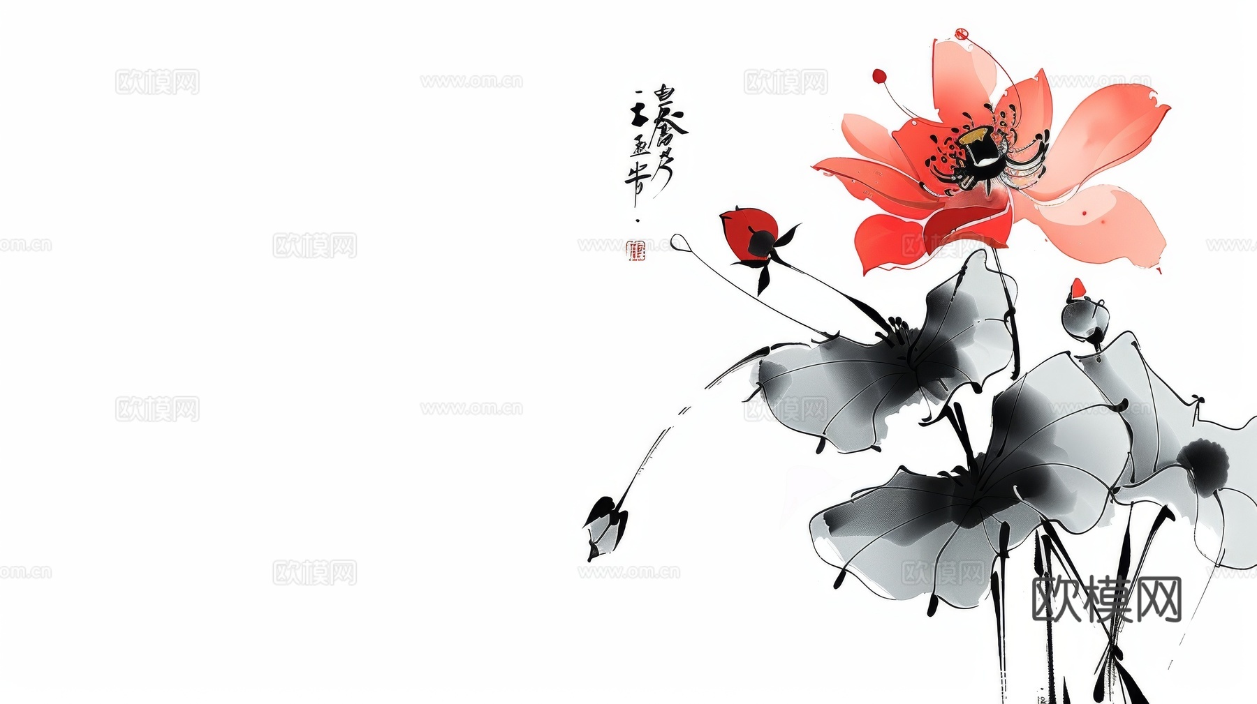 中式水彩荷花荷叶背景