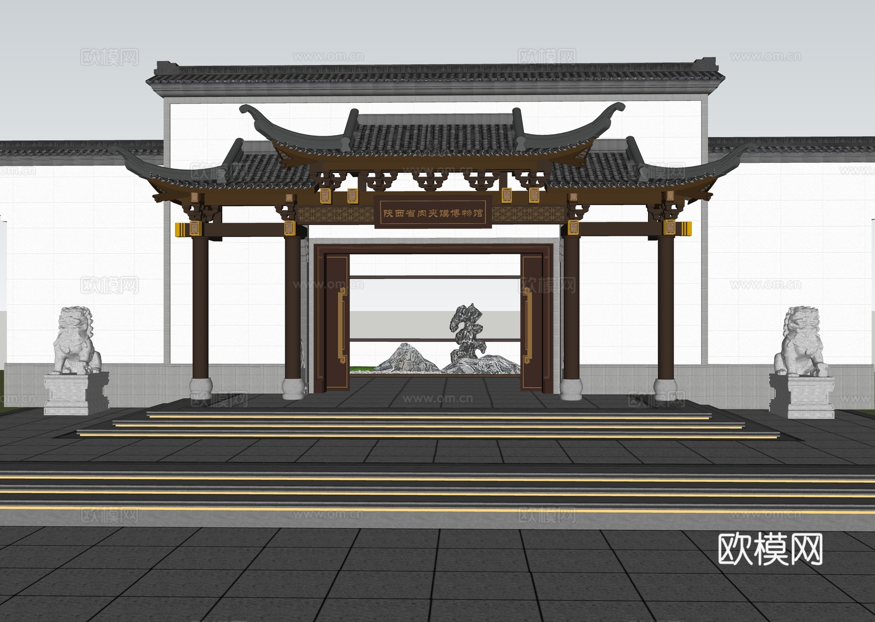 中式古建筑大门 入户门 博物馆门头 大门 马头墙中式飞檐翘脚su模型