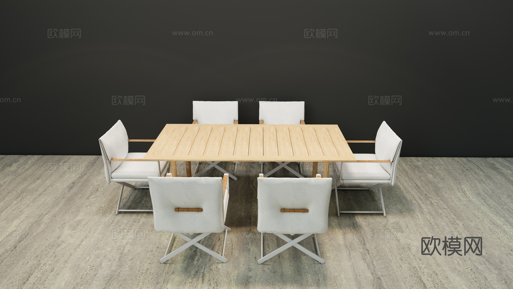 现代户外 餐桌椅 柚木一桌六椅su模型