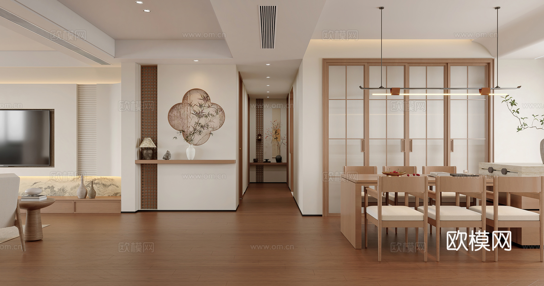 新中式玄关 过道 新中式餐厅 宋式餐厅 对景墙 端景 原木风3d模型