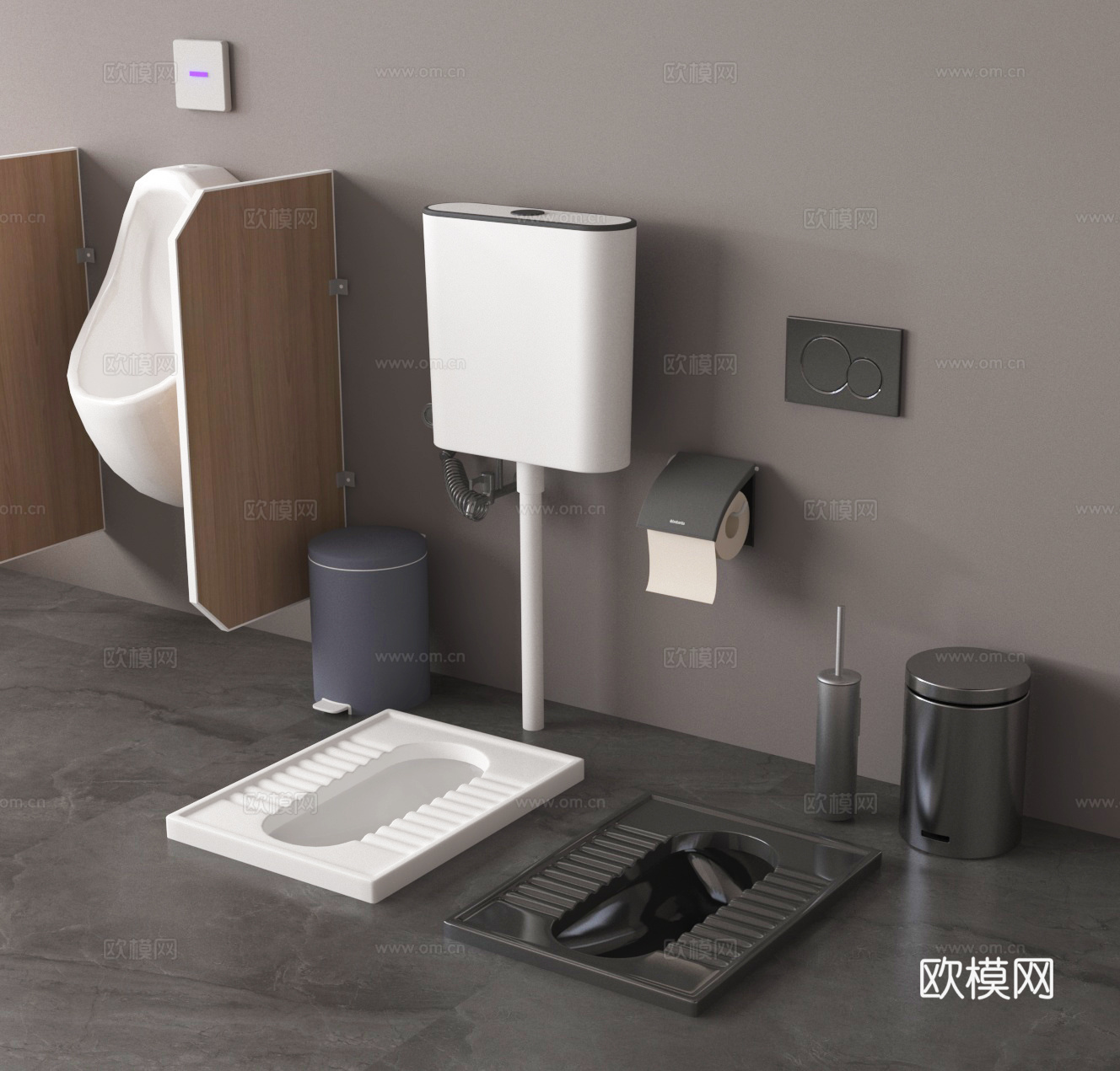 蹲便器 蹲厕 小便斗 尿斗 垃圾桶 卷纸架3d模型