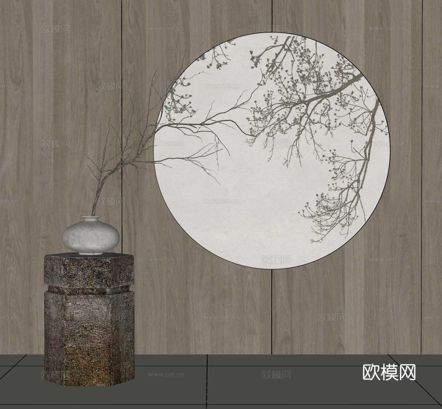 新中式石台 石墩 禅意花瓶摆件 浮雕背景墙su模型
