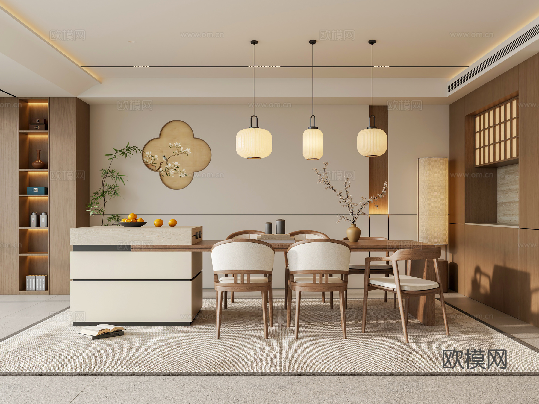 禅意新中式家居餐厅 宋代美学 餐厅背景墙 岛台餐桌椅组合3d模型