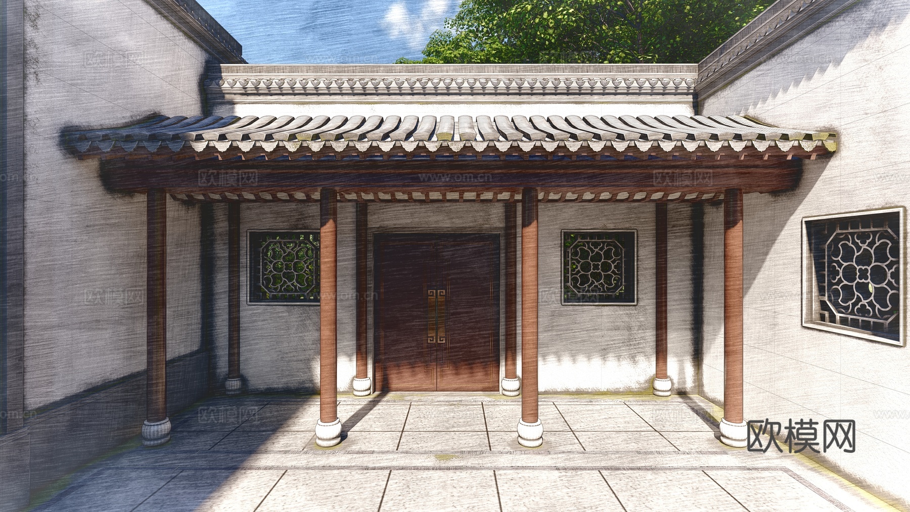 中式古建筑大门 入户门 庭院花园围墙大门 双开门 金属大门su模型