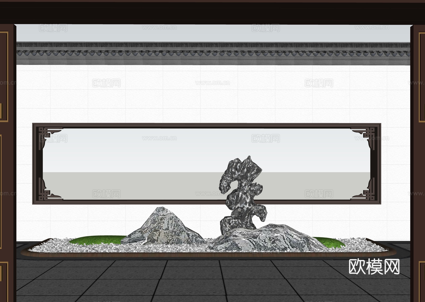 中式古建筑大门 入户门 中式入户端景 对景 石头造景 框景孤su模型