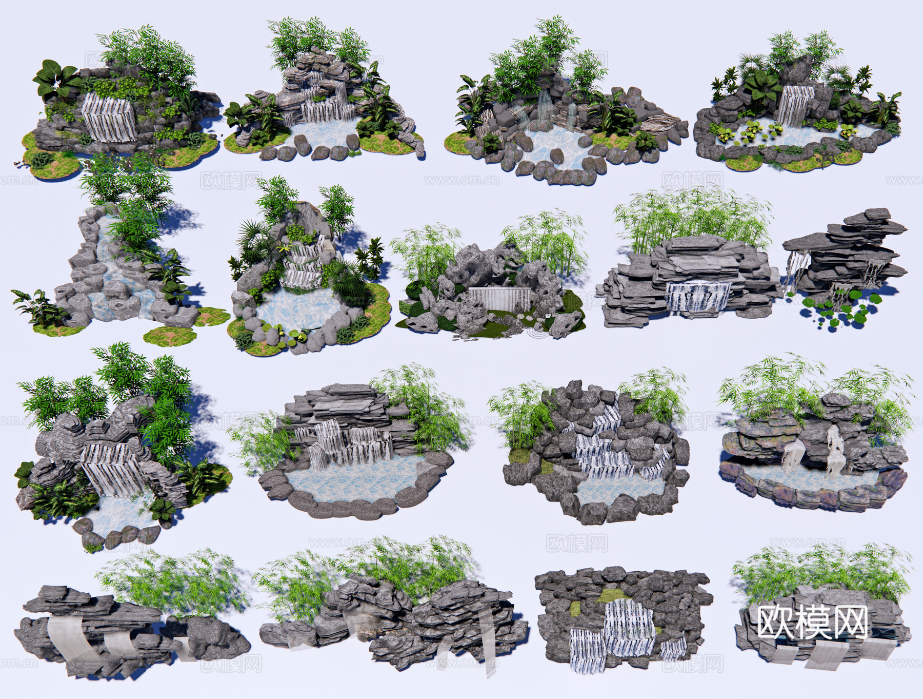 中式假山叠水 假山石头 假山流水 特色跌水水景 庭院叠水瀑布3d模型