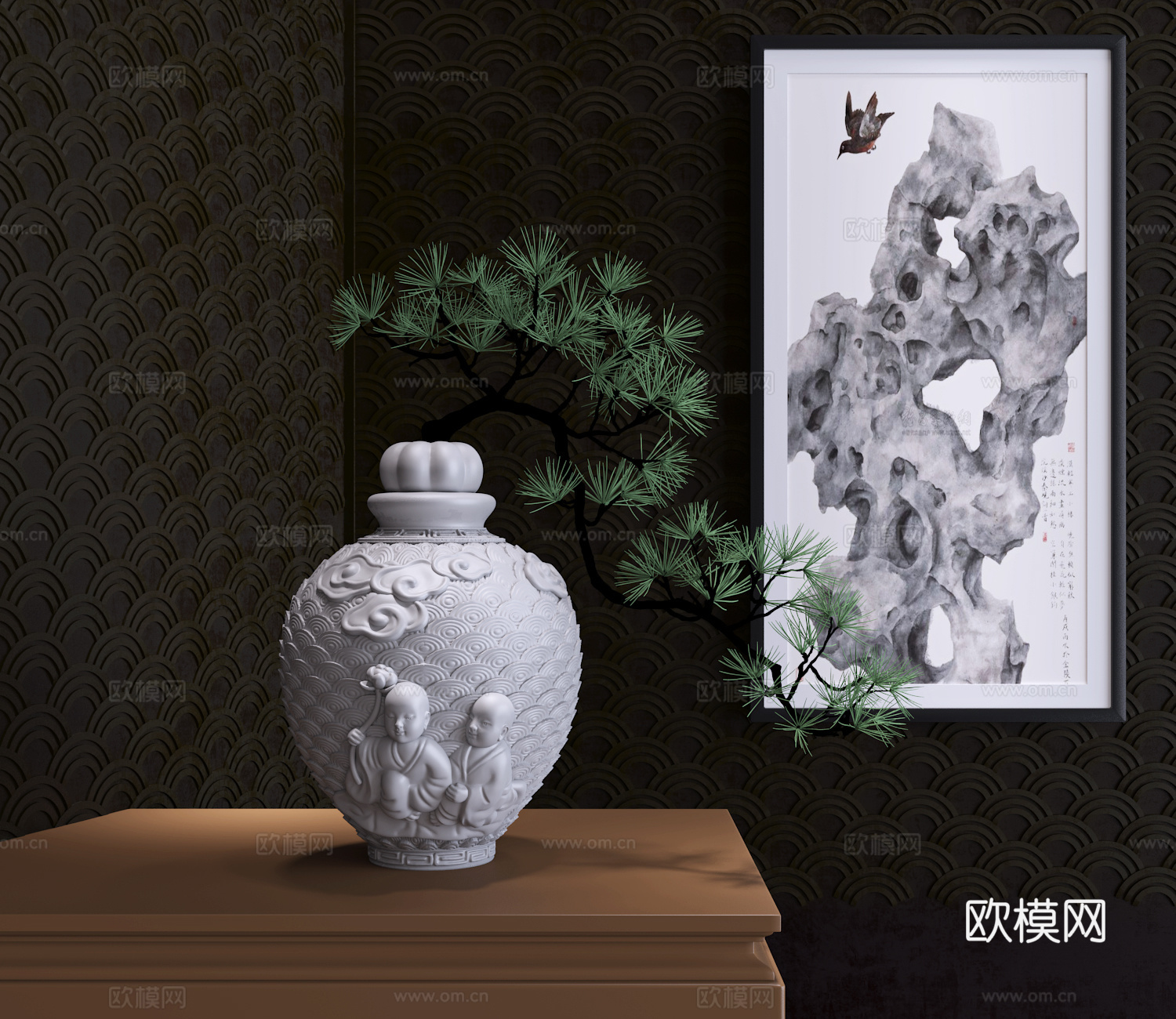 现代新中式祥云人物花瓶装饰摆件3d模型