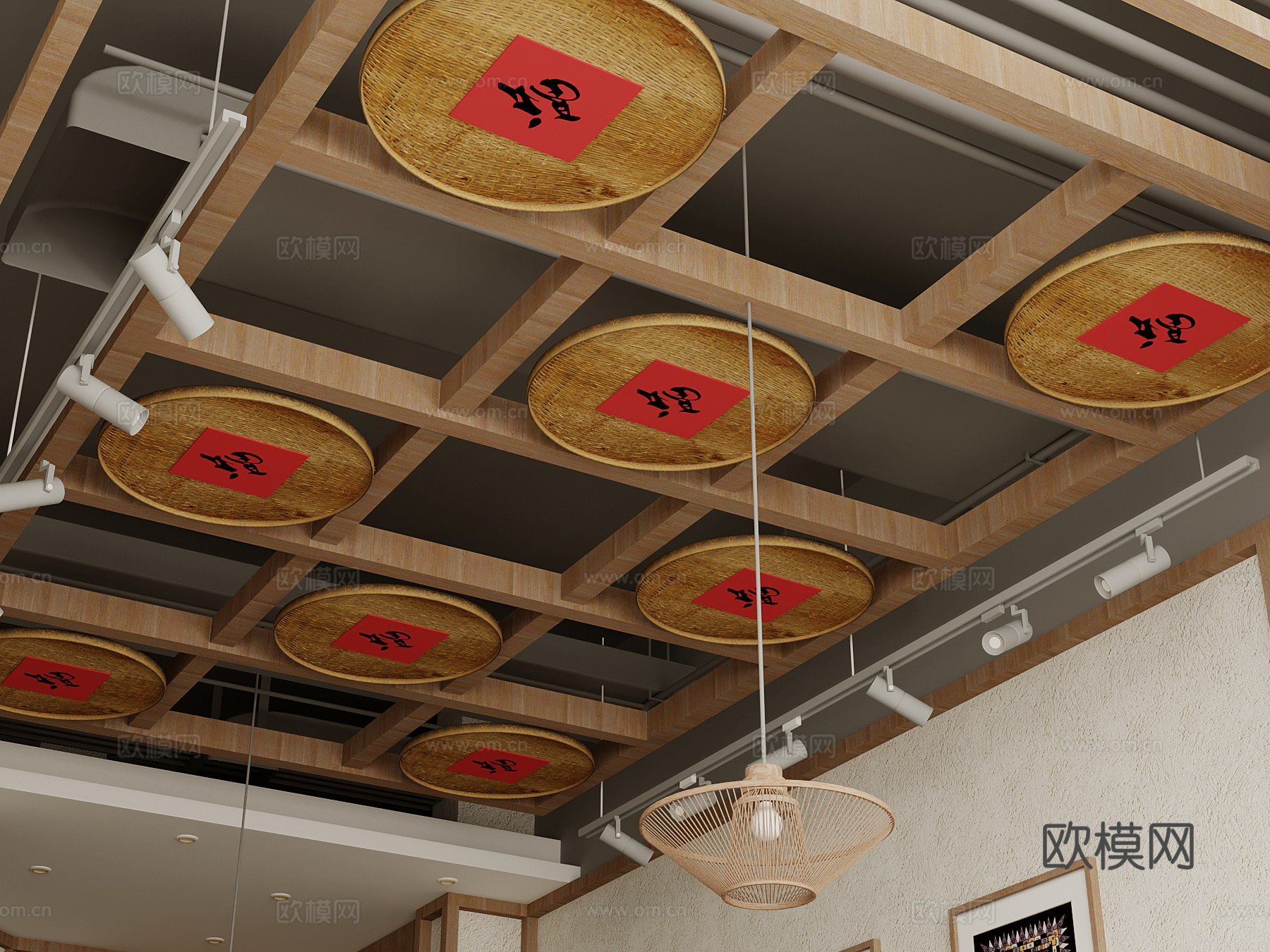 吊顶 新中式火锅店吊顶su模型