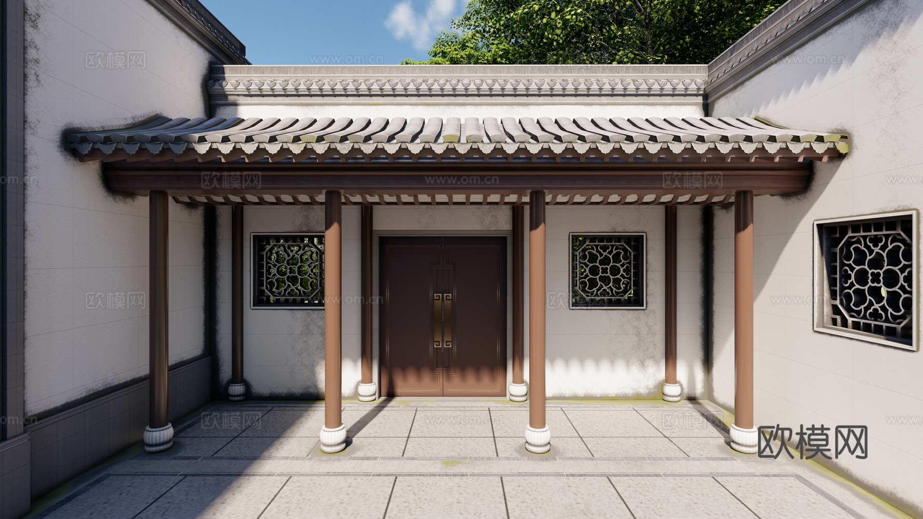 中式古建筑大门 入户门 庭院花园围墙大门 双开门 金属大门su模型