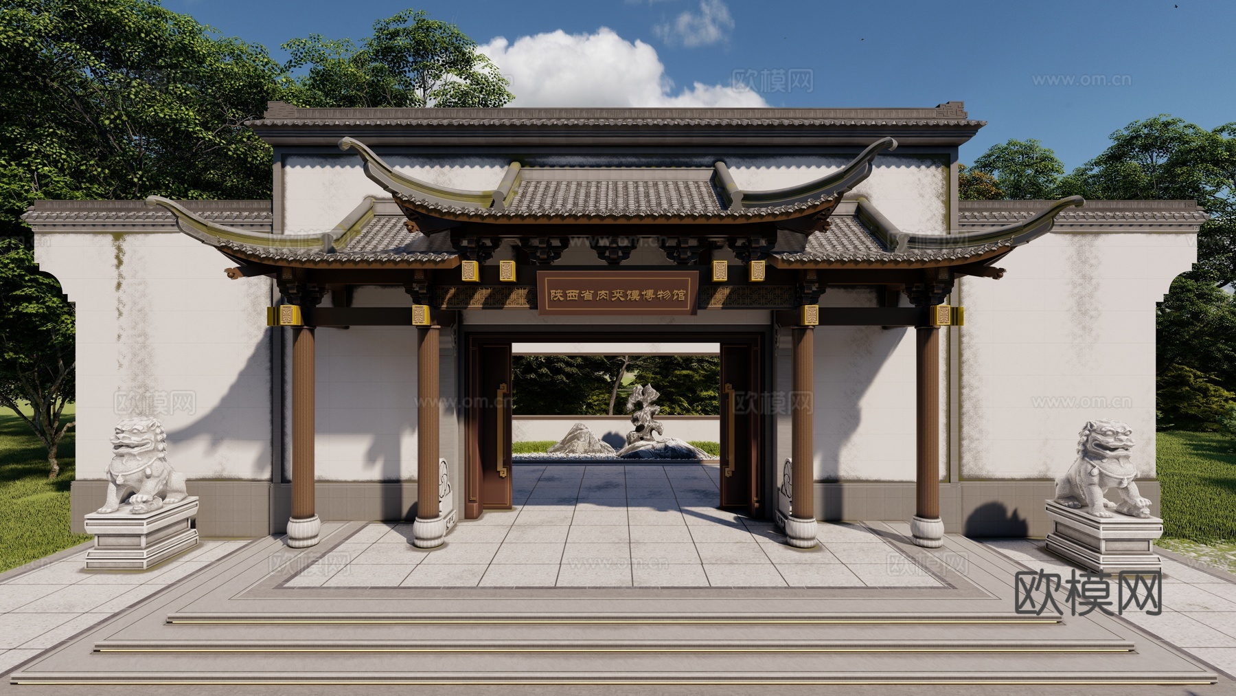 中式古建筑大门 入户门 博物馆门头 大门 马头墙中式飞檐翘脚su模型