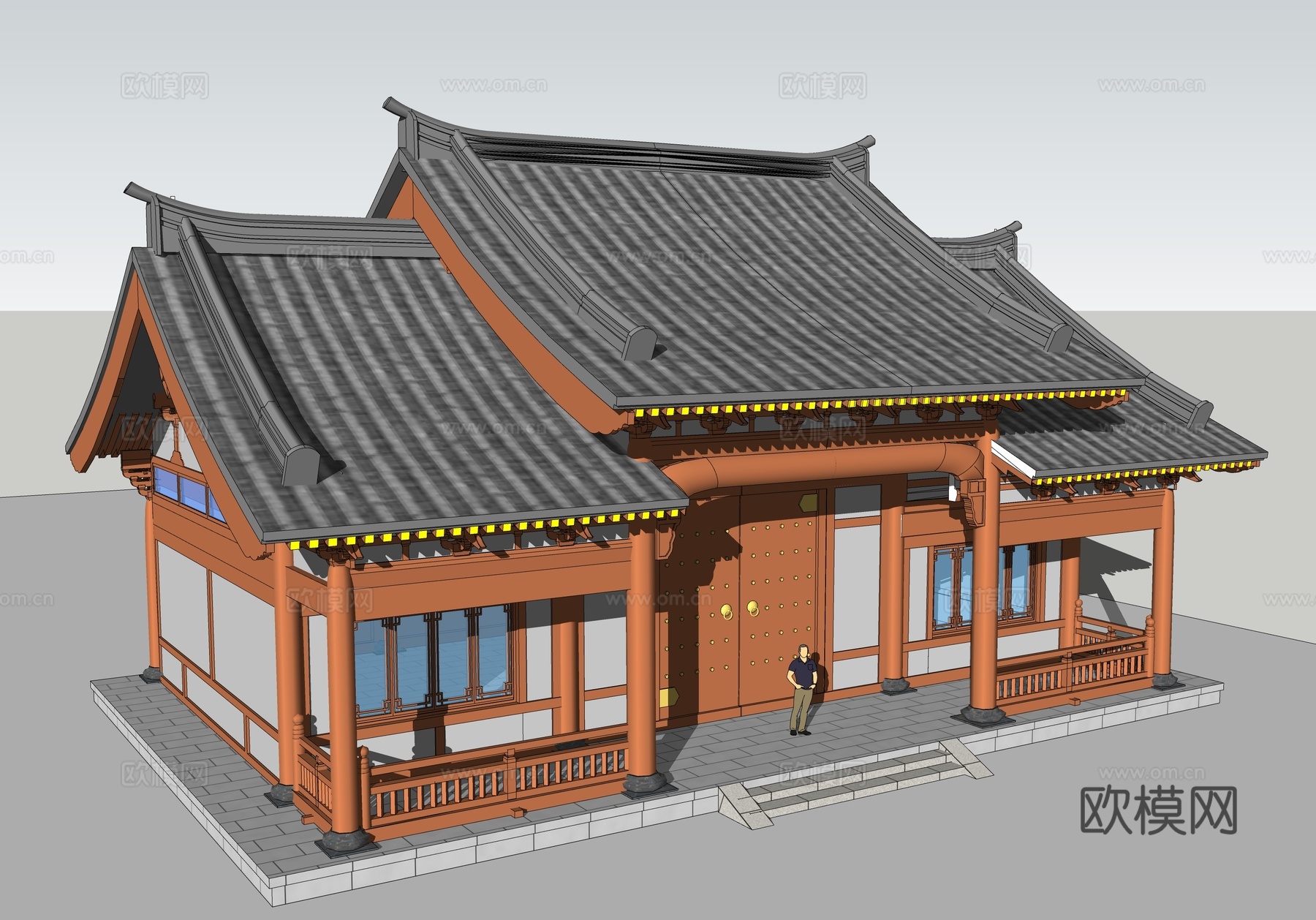双层悬山顶 三开间 中式古建su模型