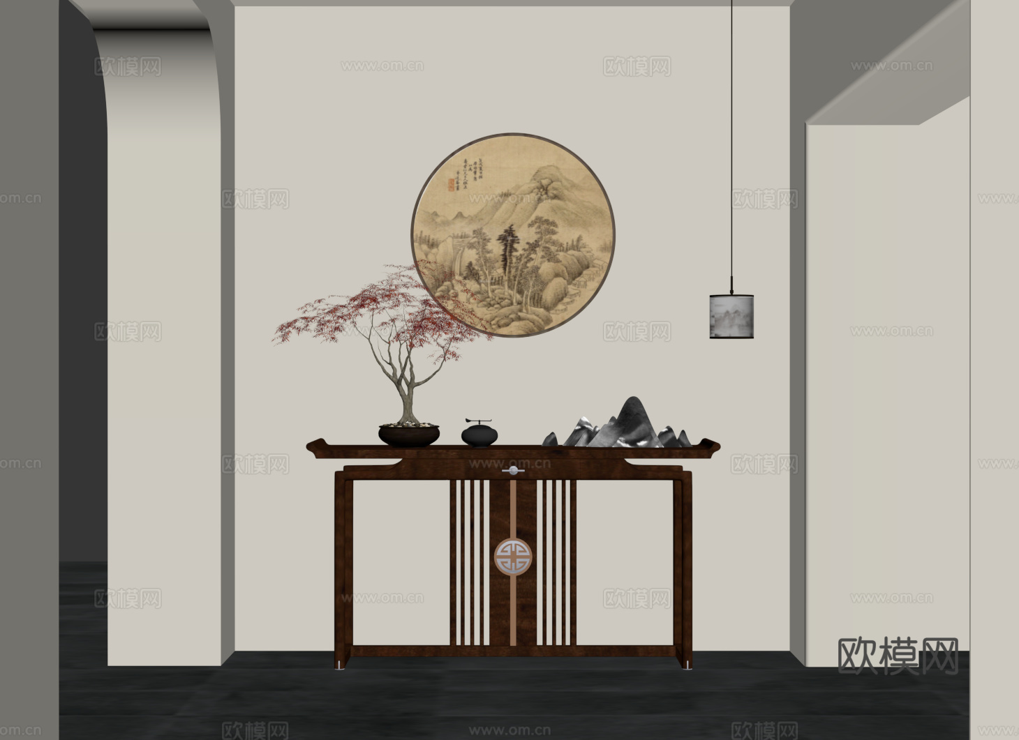 玄关 新中式玄关 端景柜 挂画 吊灯su模型