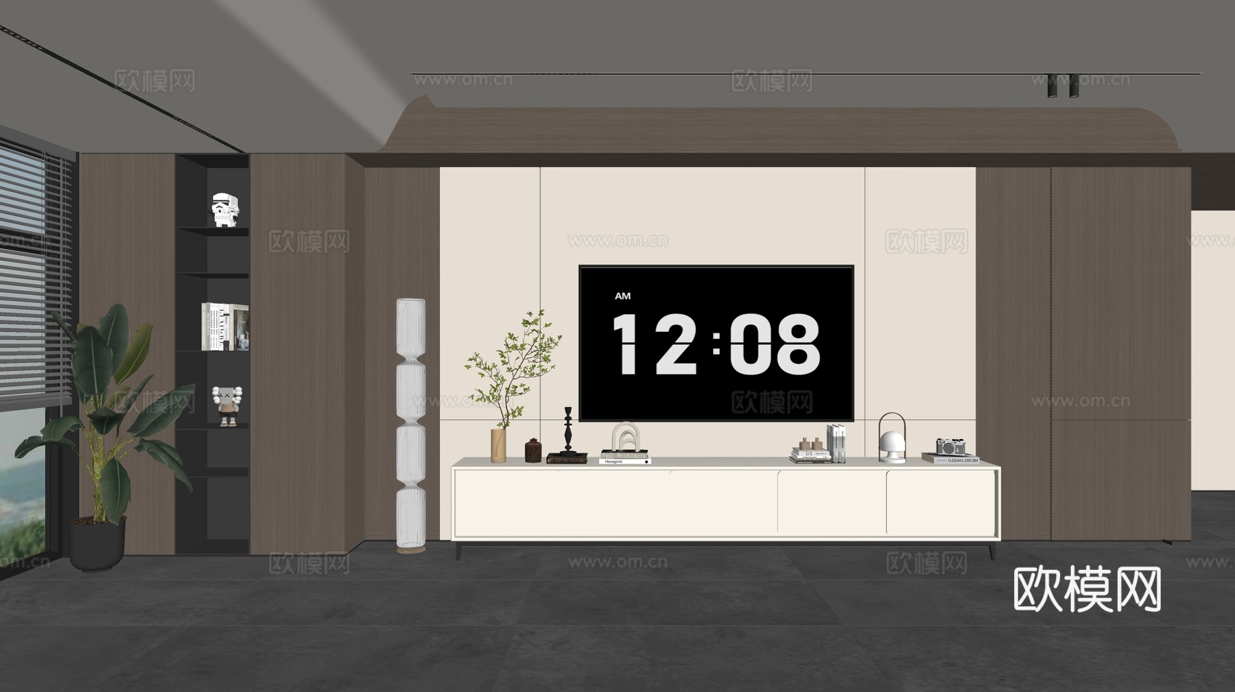 现代电视背景墙 现代摆件 电视柜 阳台柜 客厅柜 木饰面背景su模型