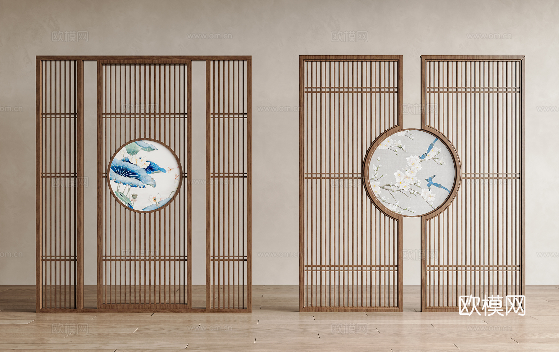 新中式隔断 新中式屏风 实木隔断 屏风隔断 花鸟屏风 山水屏su模型
