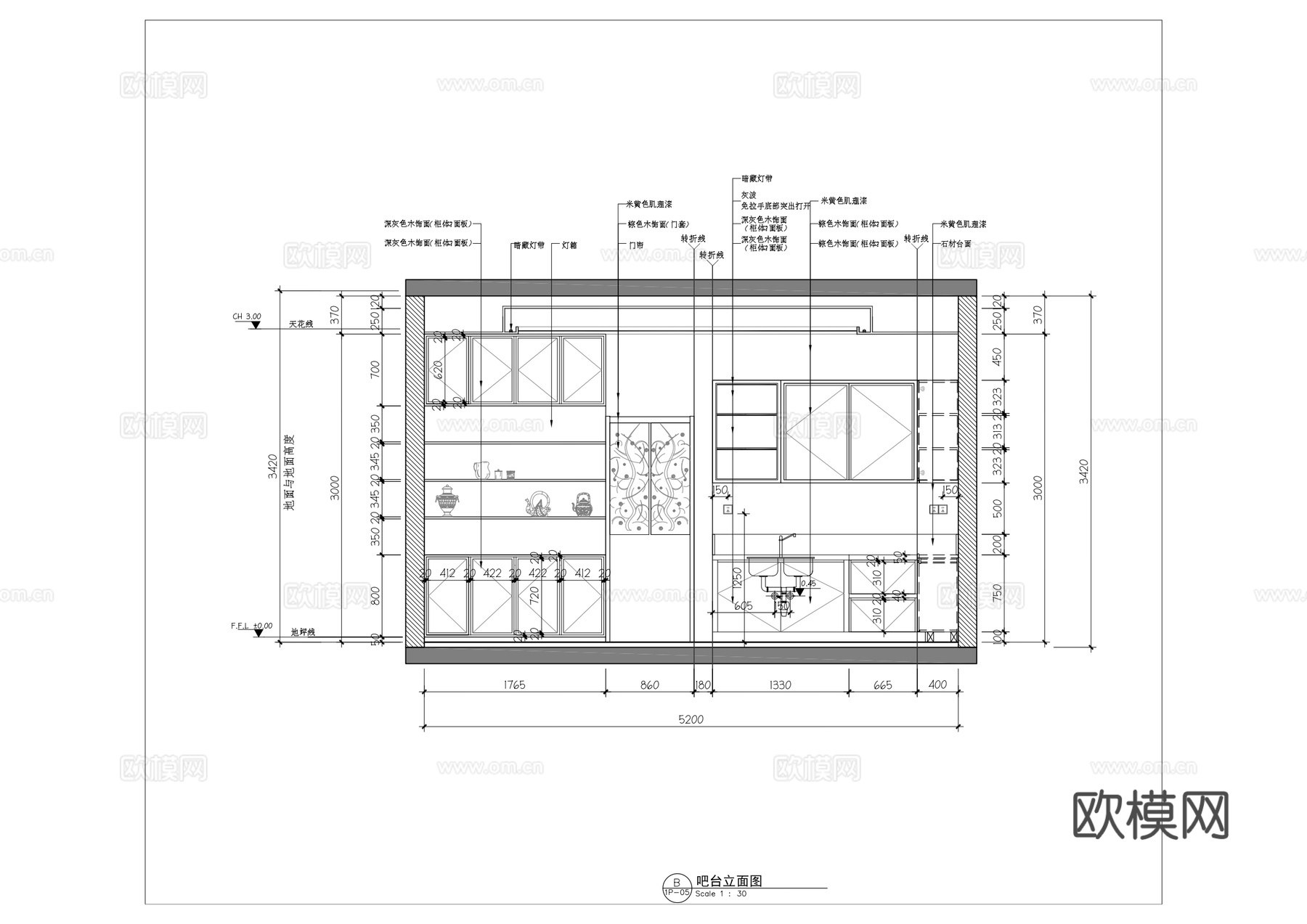 茶室施工图 茶桌椅组合 茶室平面布置图 茶室立面图cad施工图