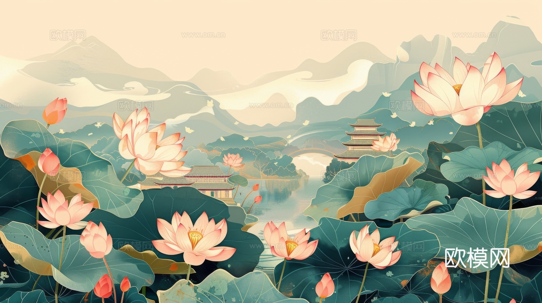 中式水彩荷花荷叶背景