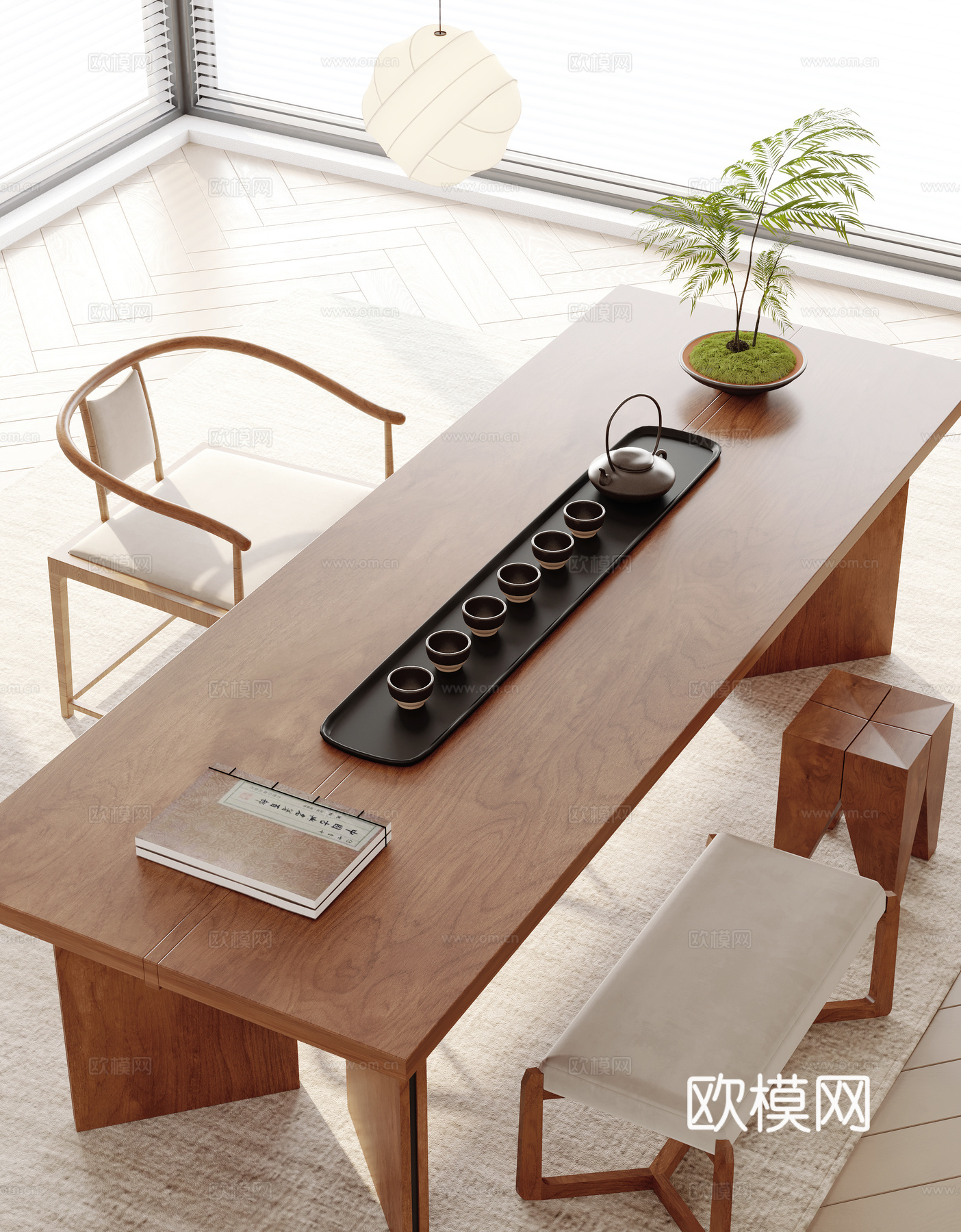 新中式茶桌椅 茶具 木地板 窗帘 纱帘su模型下载（渲染图1）