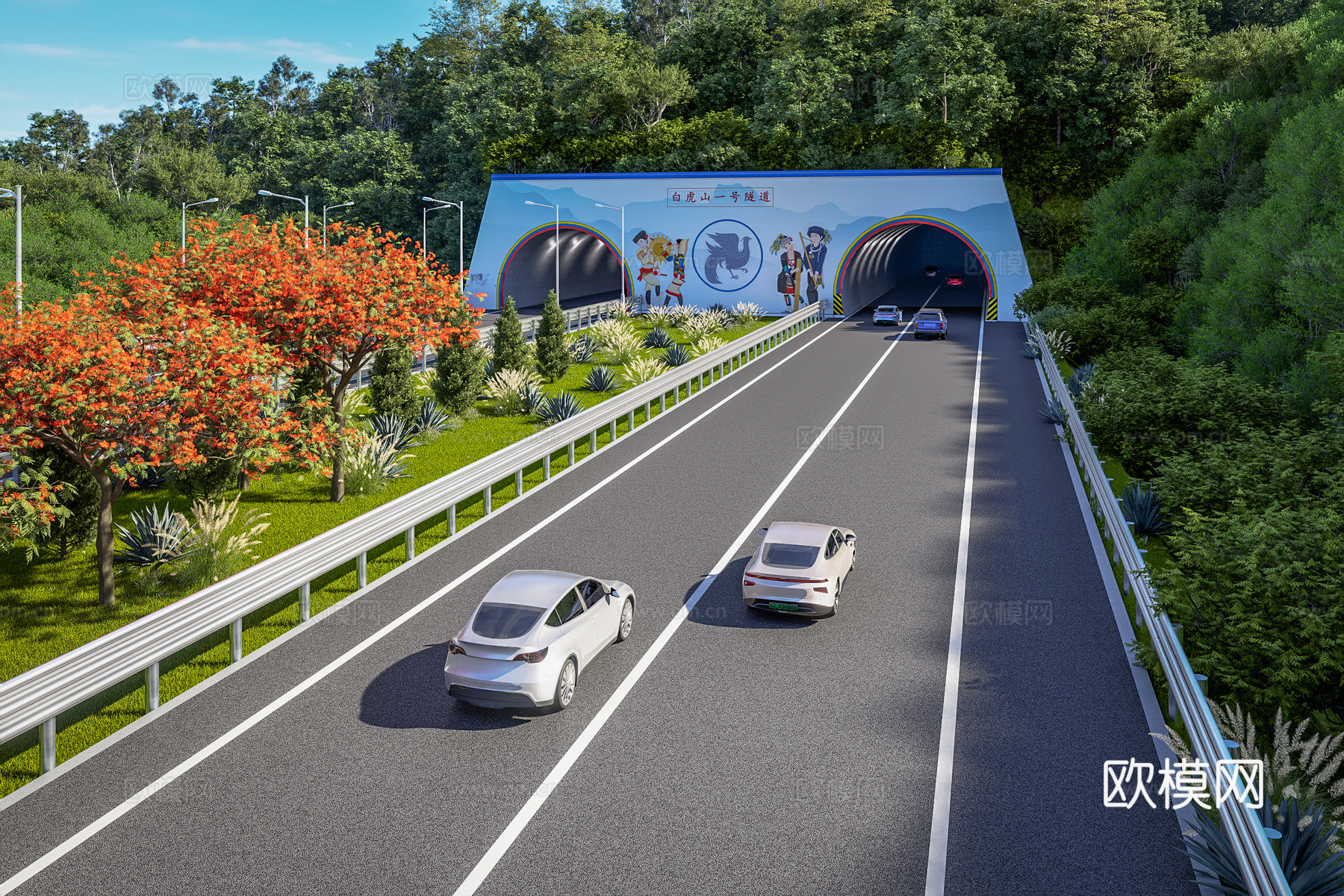 高速公路 道路景观 隧道 墙绘 波形护栏 分离式中央隔离带su模型