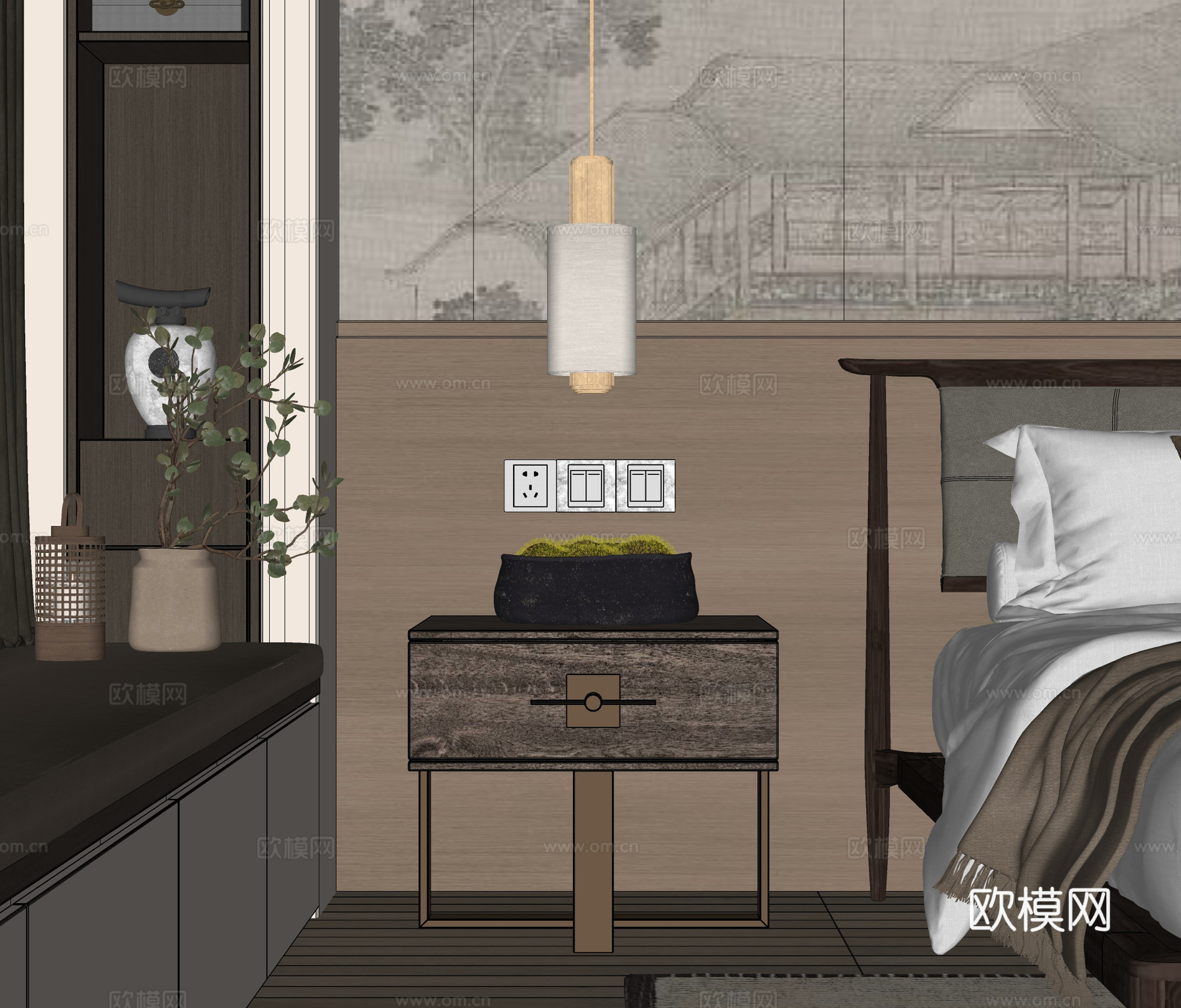 新中式床头柜 宋式美学 小吊灯 苔藓盆栽 方形床头柜su模型