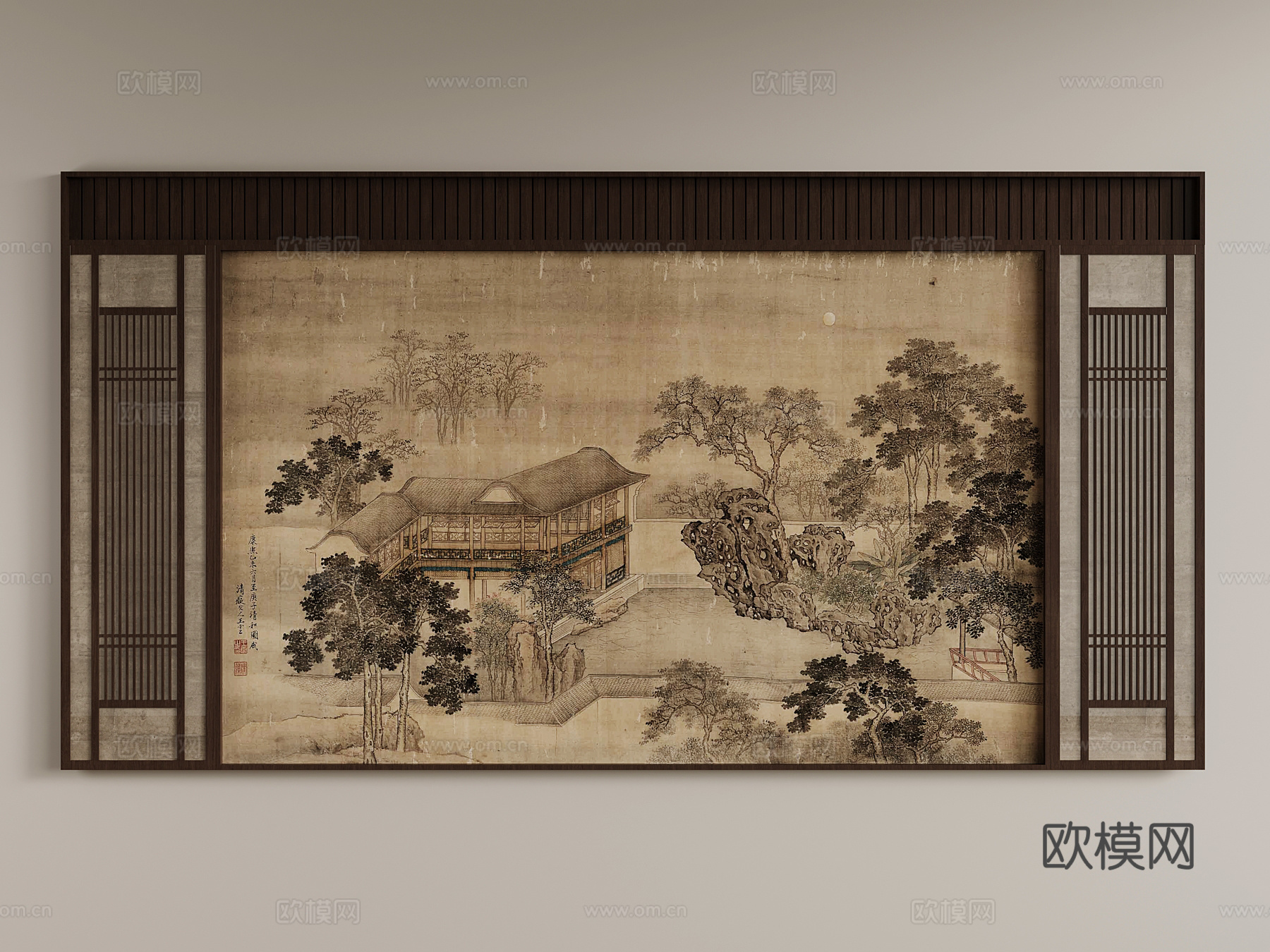 展示墙 新中式茶室展示墙 背景墙su模型
