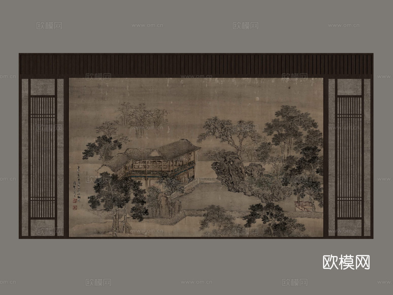 展示墙 新中式茶室展示墙 背景墙su模型