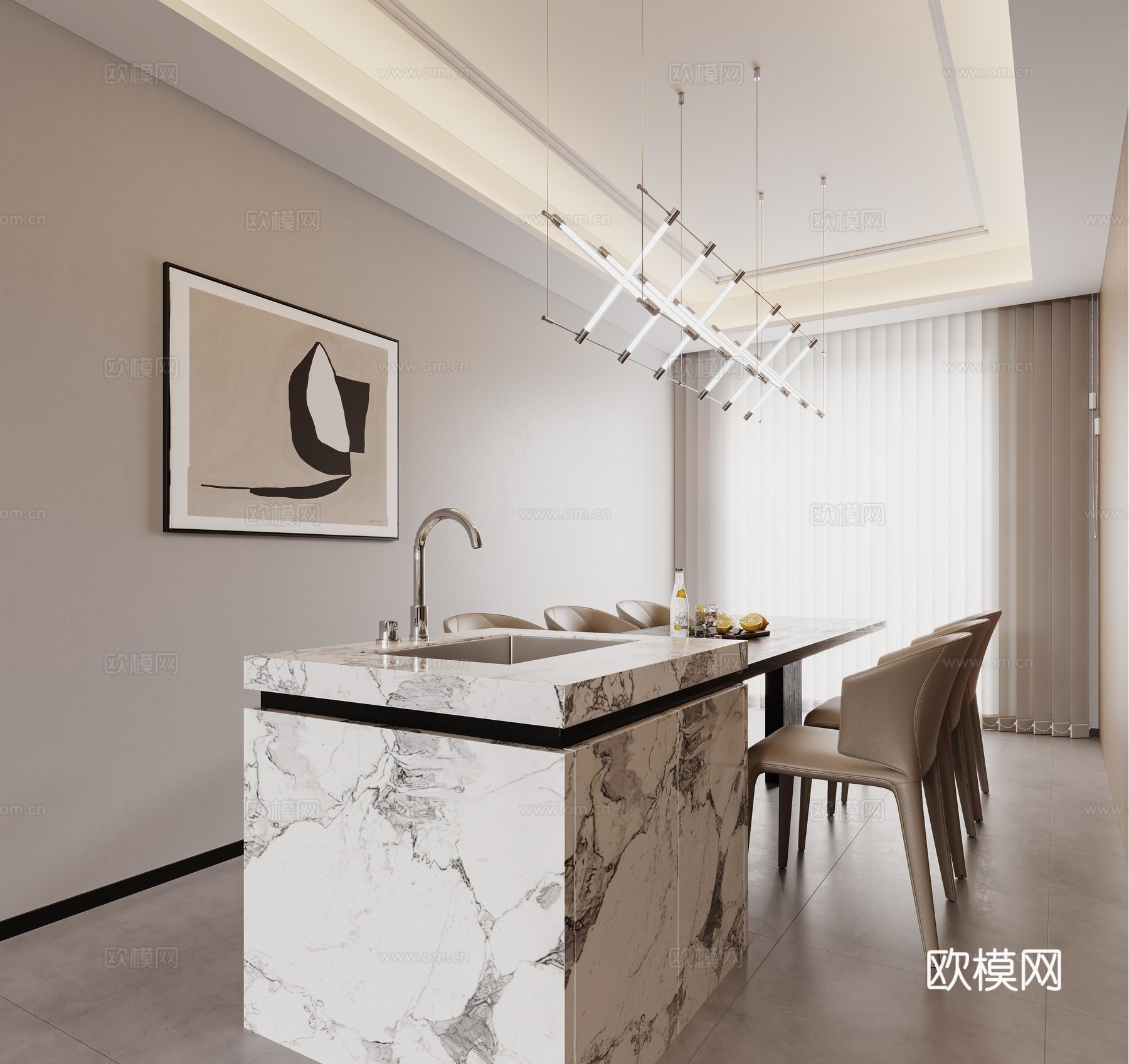 现代餐厅岛台 餐厅吊灯3d模型