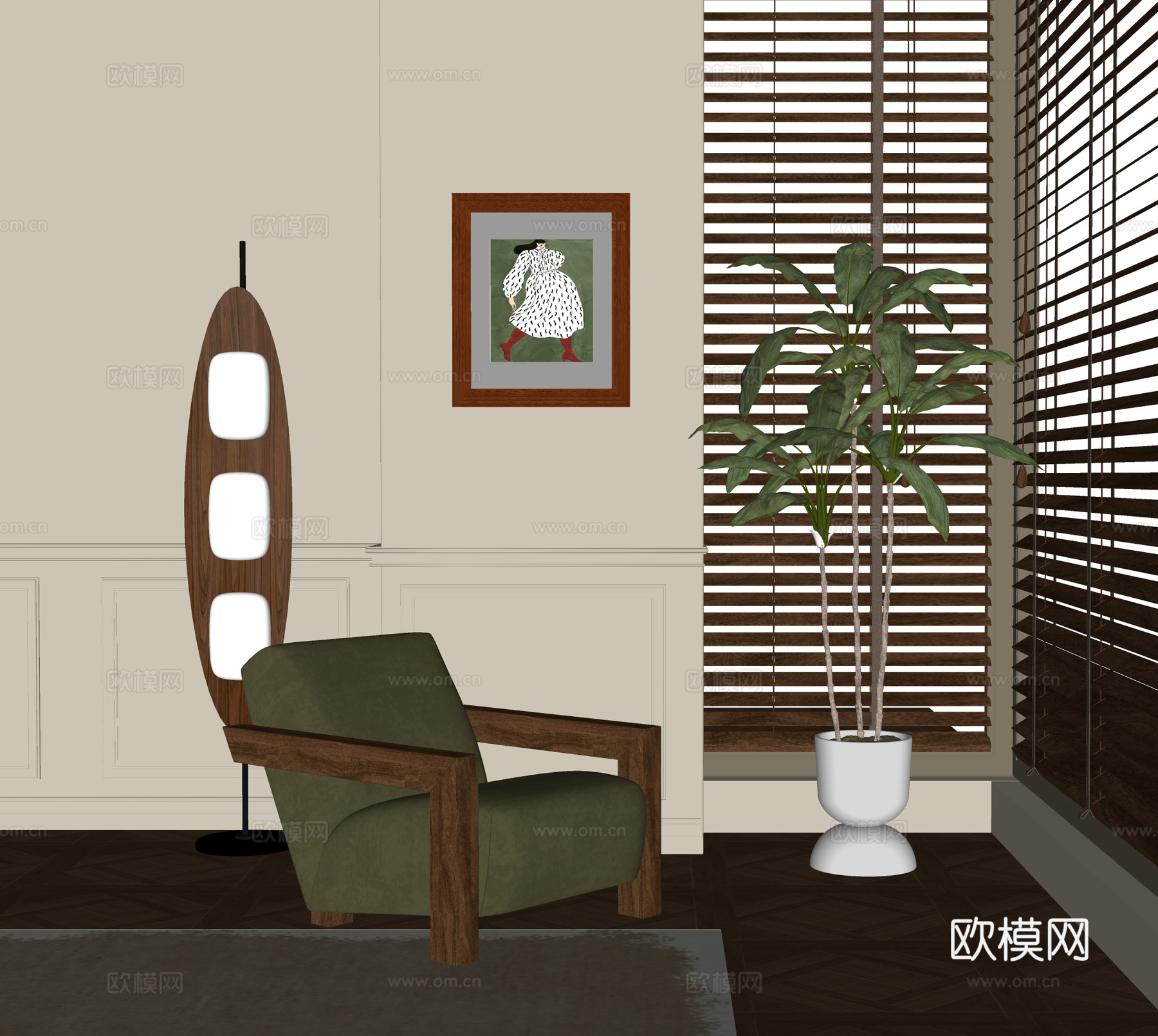 现代休闲椅 单人沙发 盆栽盆景 单椅su模型
