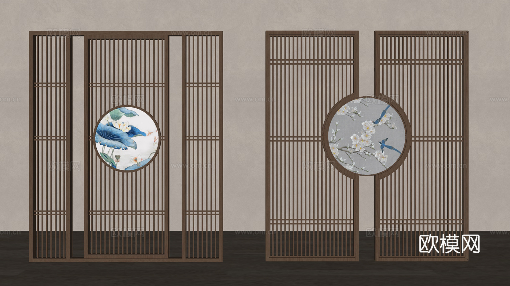新中式隔断 新中式屏风 实木隔断 屏风隔断 花鸟屏风 山水屏su模型