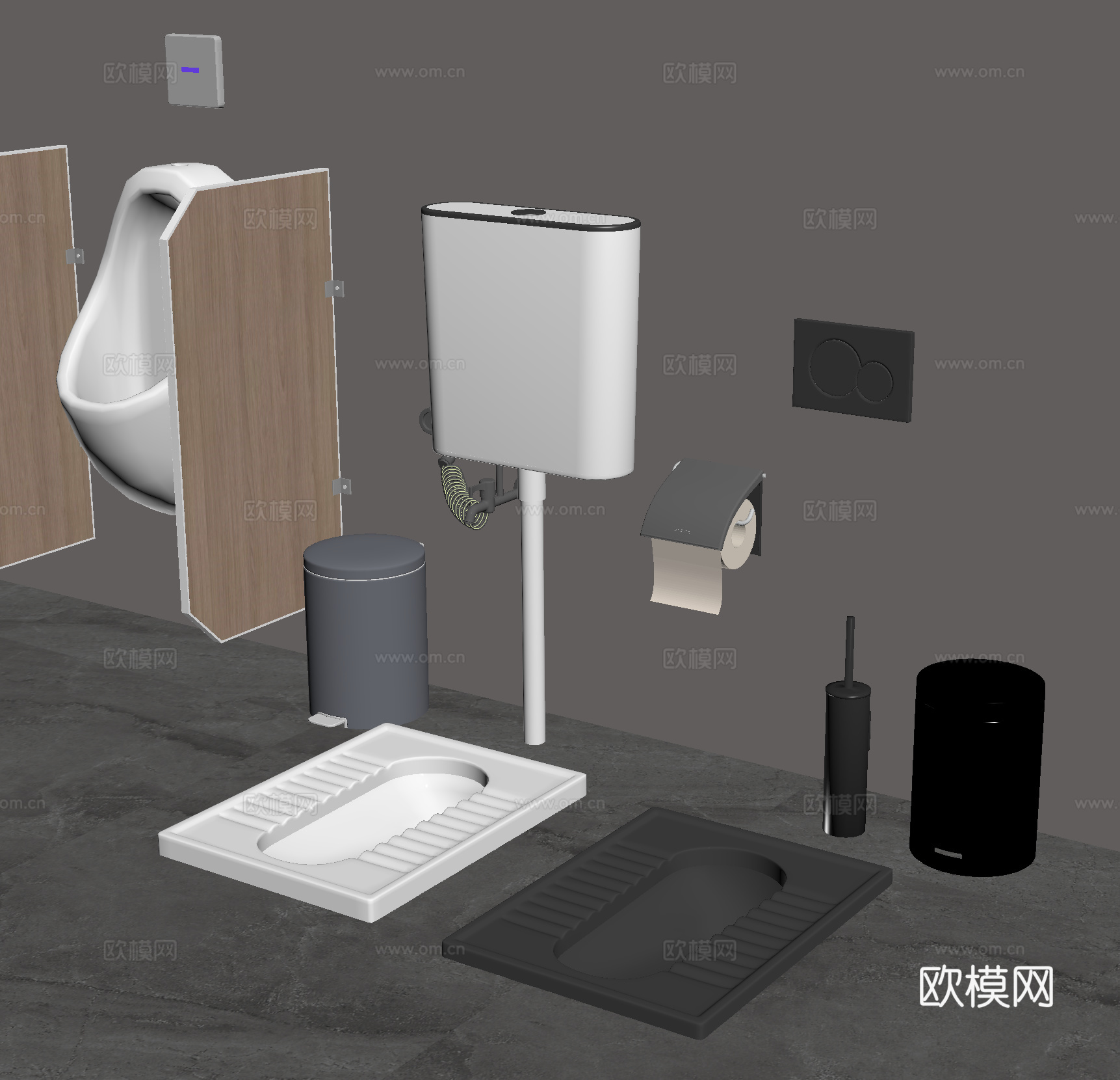 蹲便器 蹲厕 小便斗 尿斗 垃圾桶 卷纸架su模型