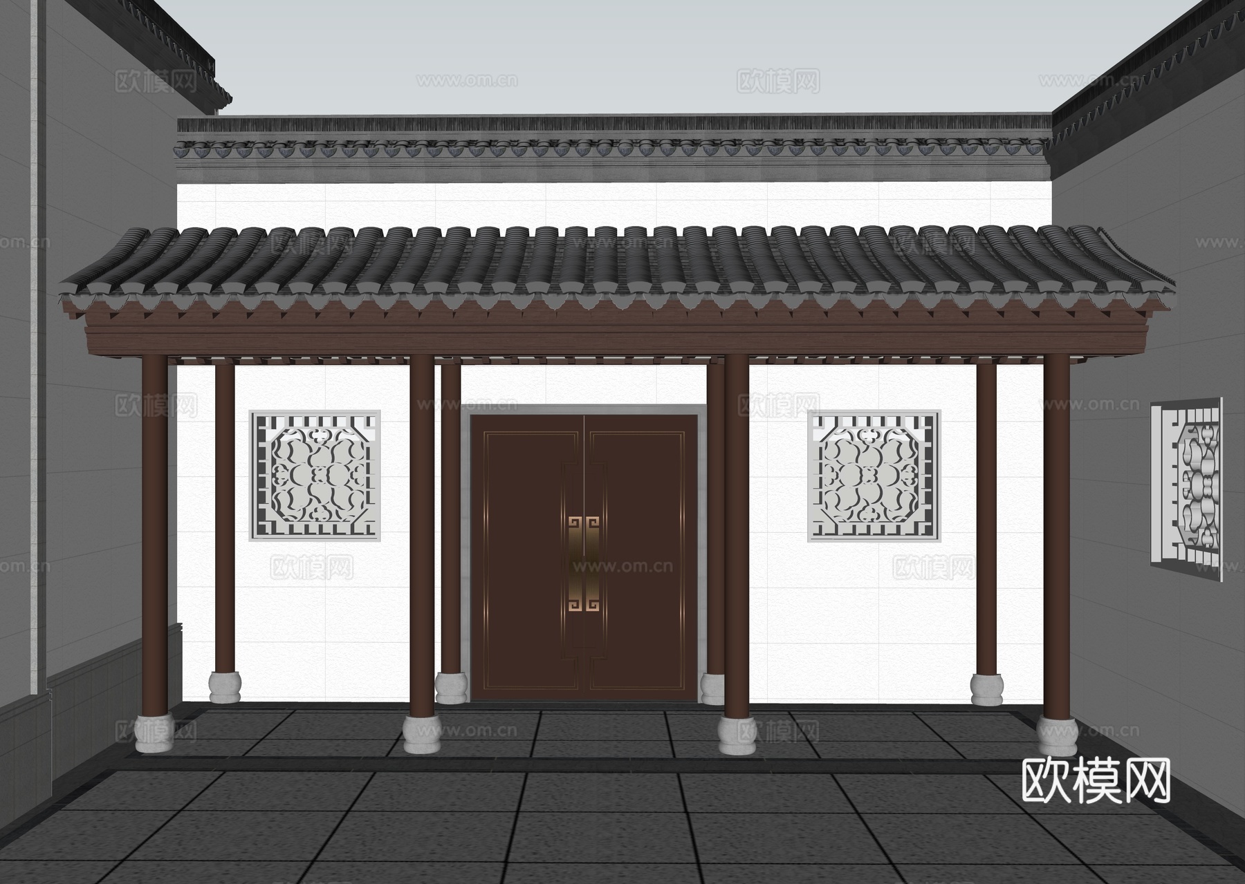 中式古建筑大门 入户门 庭院花园围墙大门 双开门 金属大门su模型