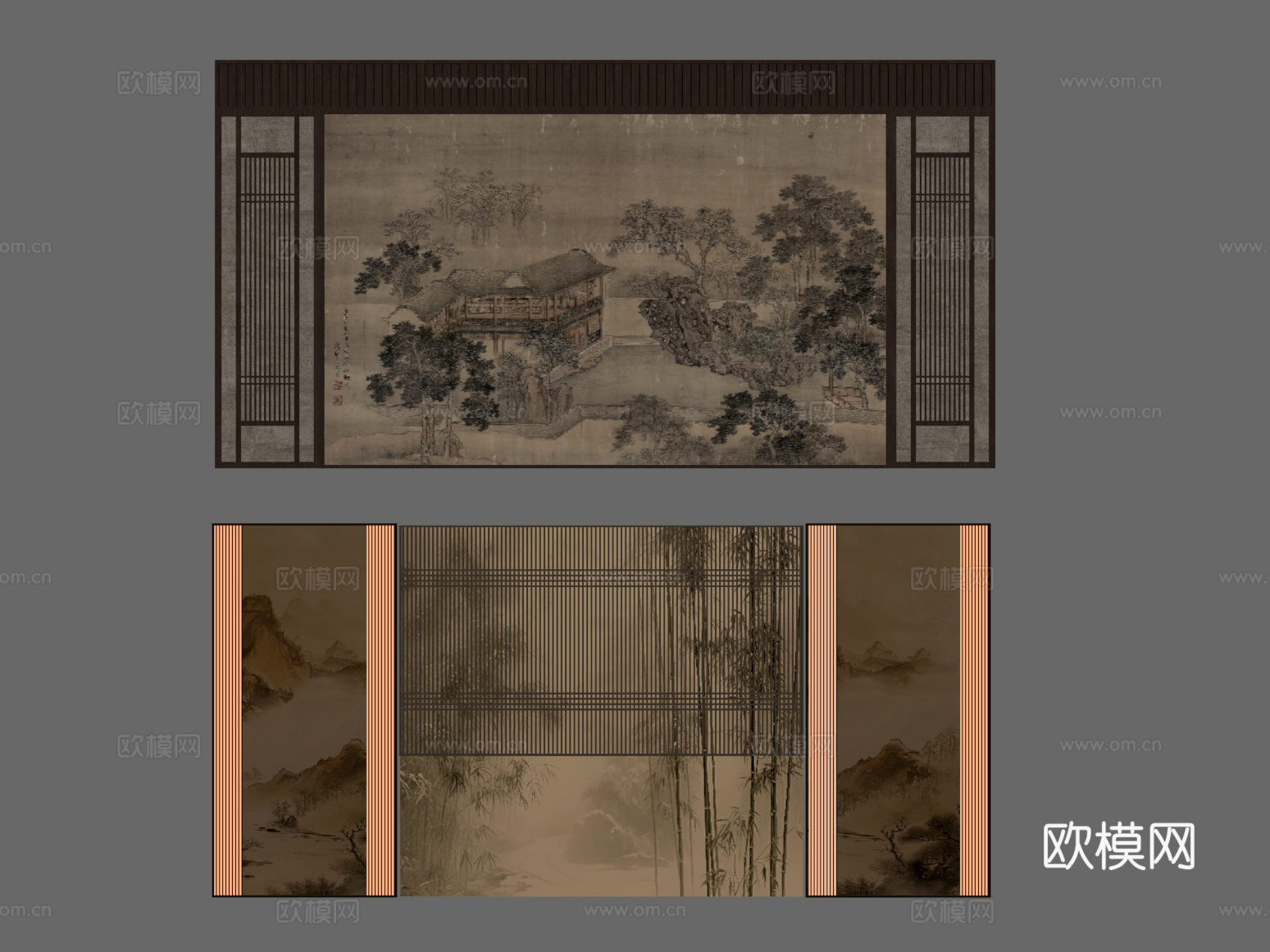 新中式背景墙su模型