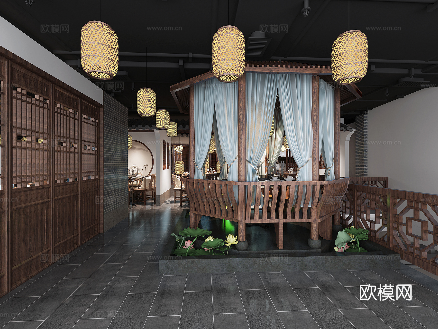 徽派元素中式餐厅包厢 吊灯 餐桌椅3d模型
