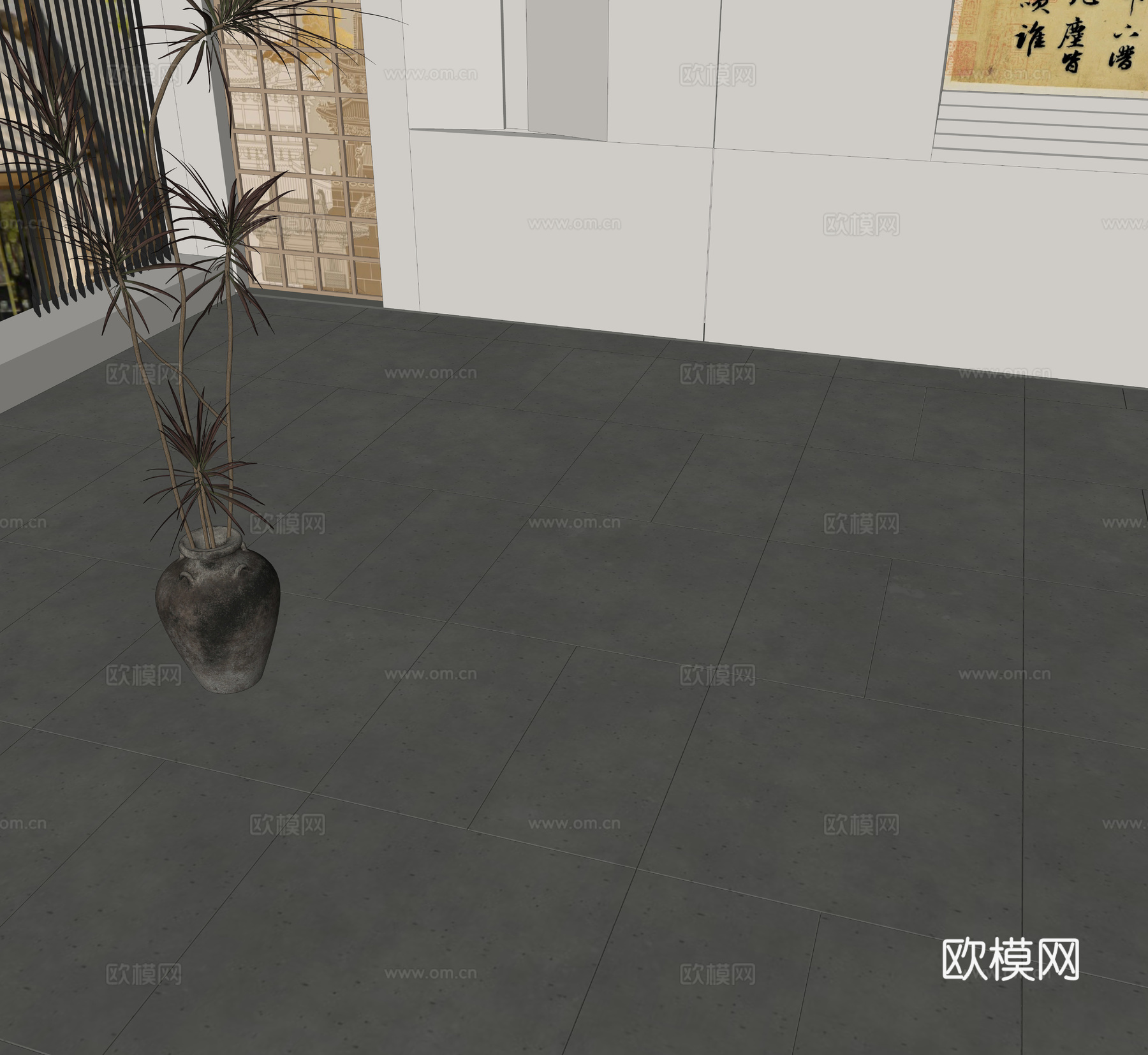新中式地面地砖 绿植盆栽su模型
