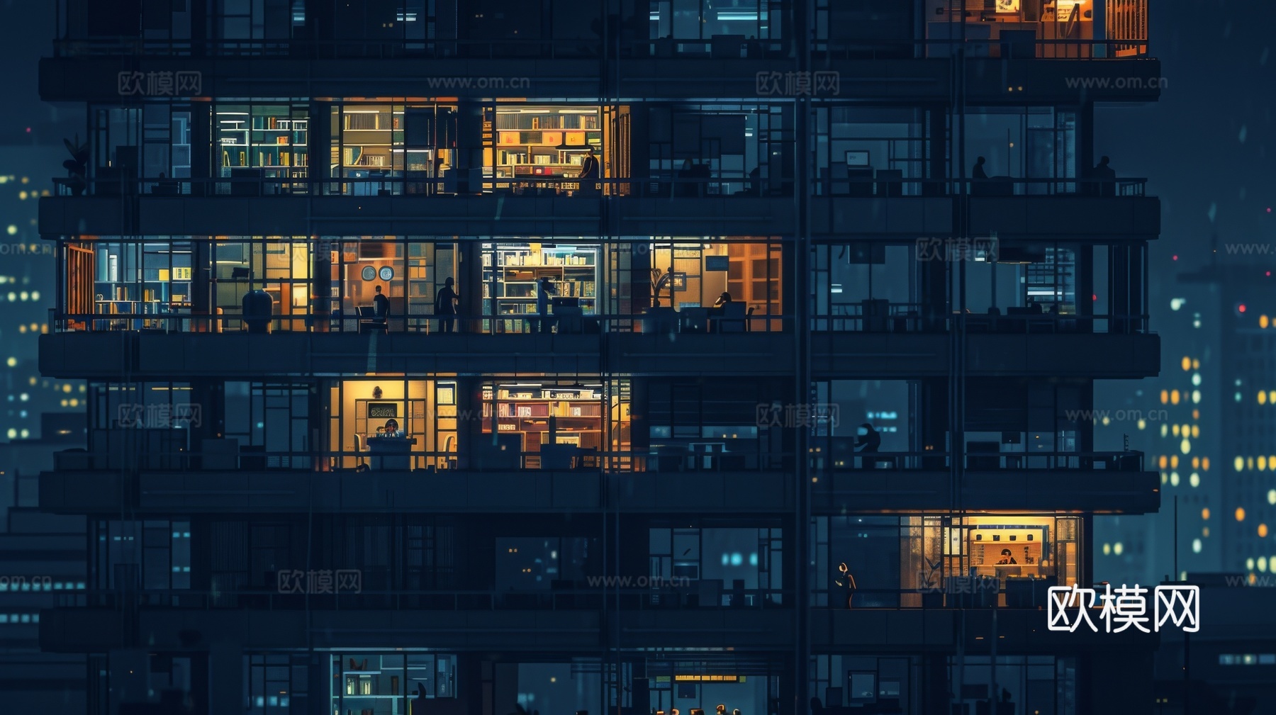 夜晚窗景建筑外立面玻璃幕墙