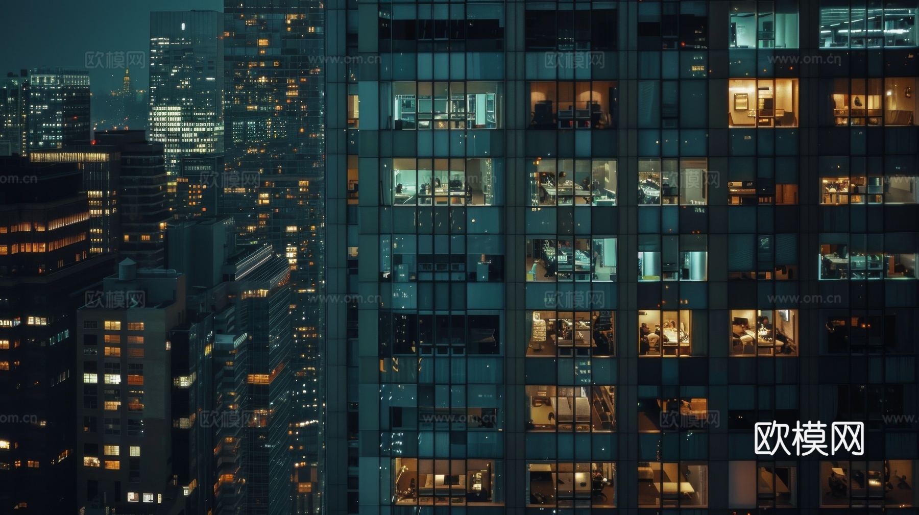 夜晚窗景建筑外立面玻璃幕墙