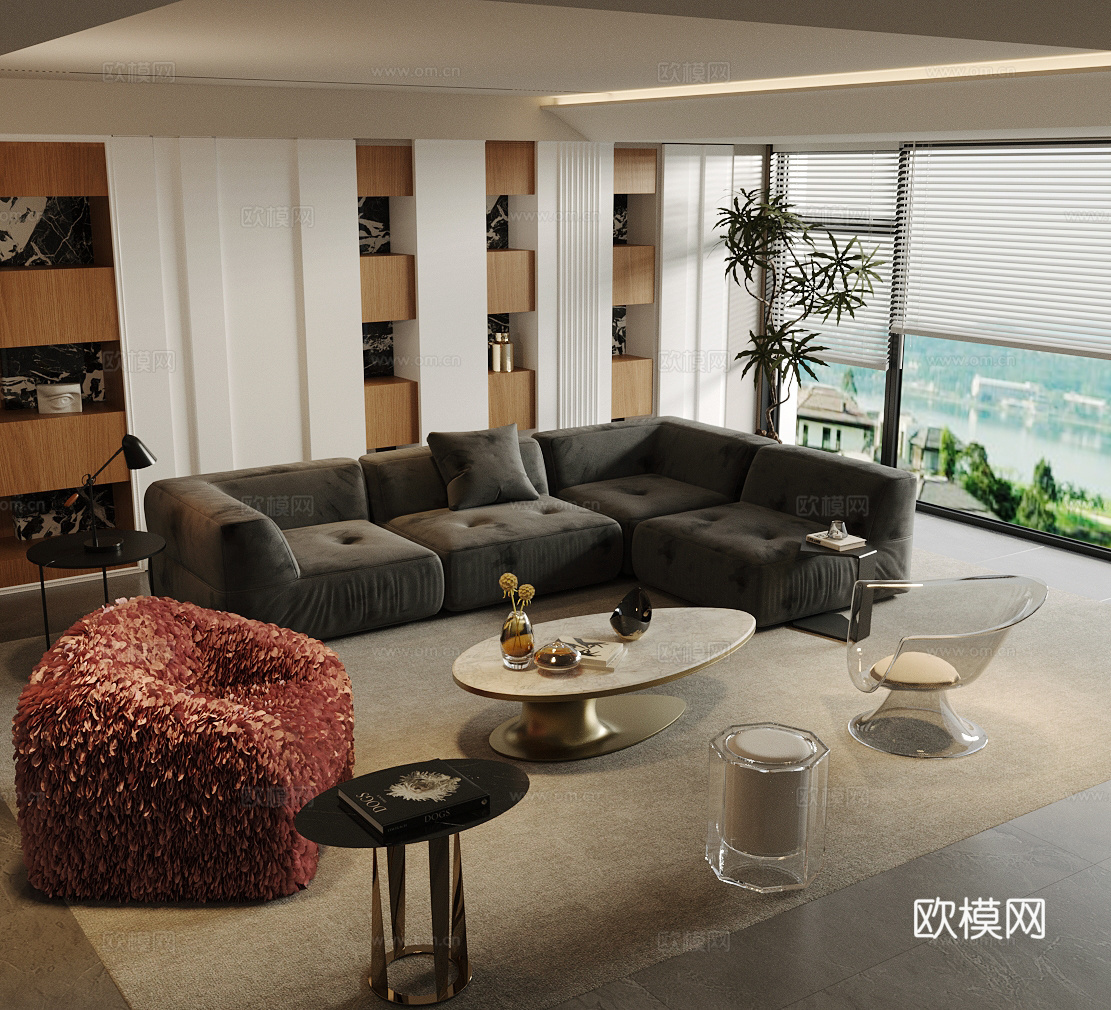 现代意式家居客厅 轻奢意式客厅 沙发茶几组合 高级灰客厅su模型